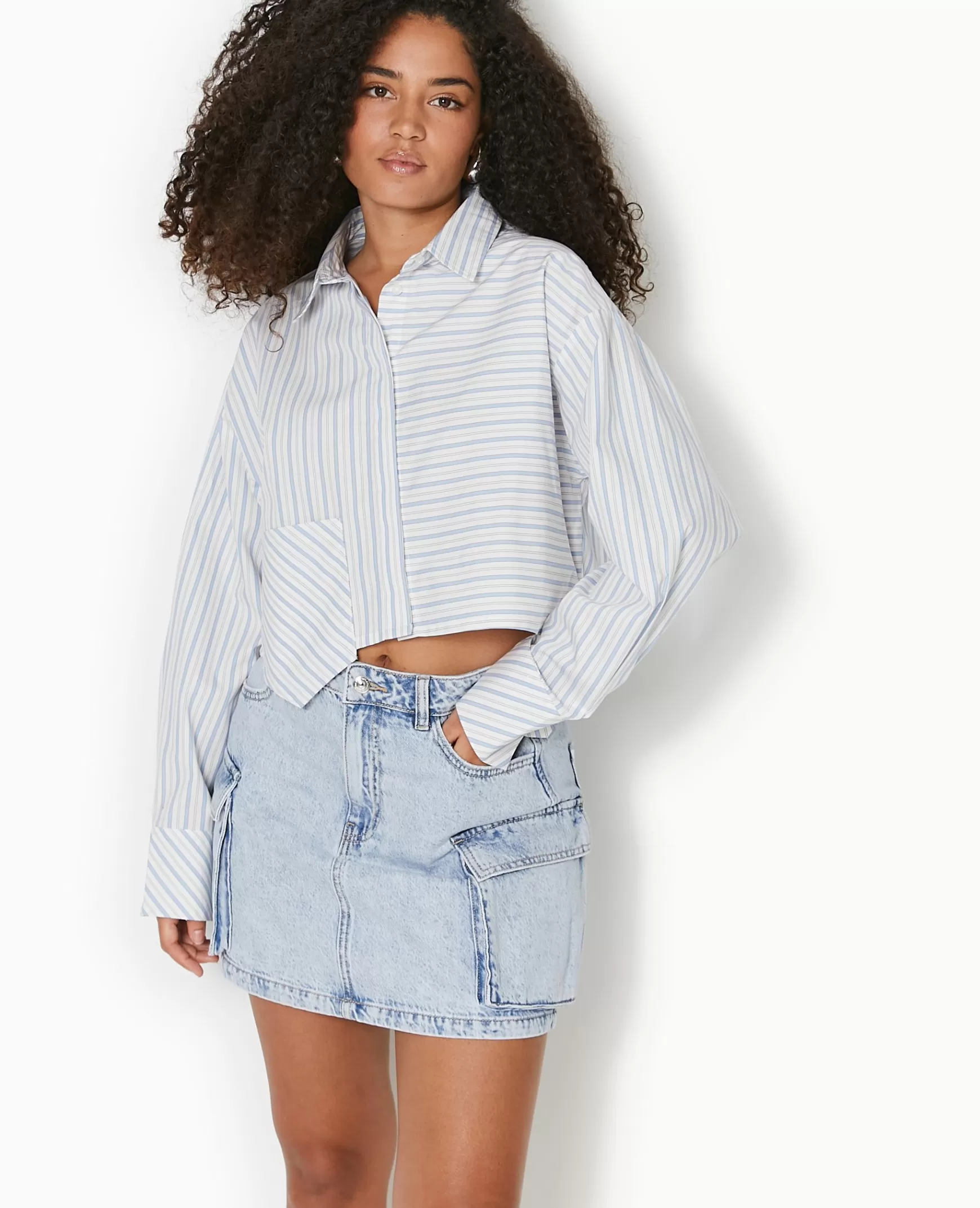 Pimkie Chemise cropped raye avec poche dcale - Bleu clair Bleuclair Outlet