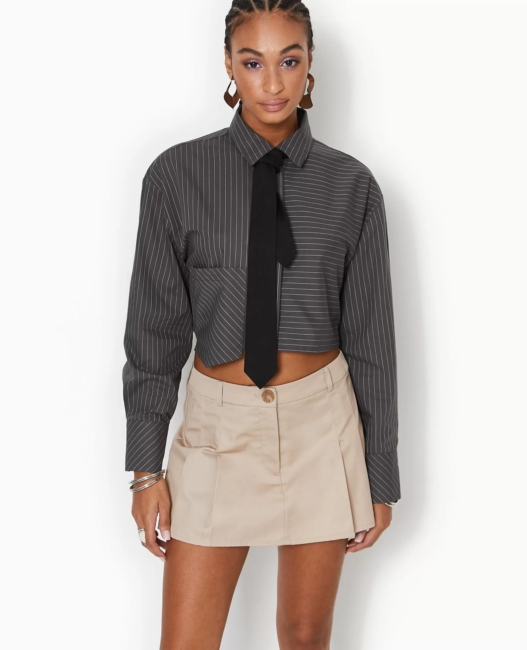 Pimkie Chemise raye cropped avec cravate - Gris fonc Grisfonc Hot