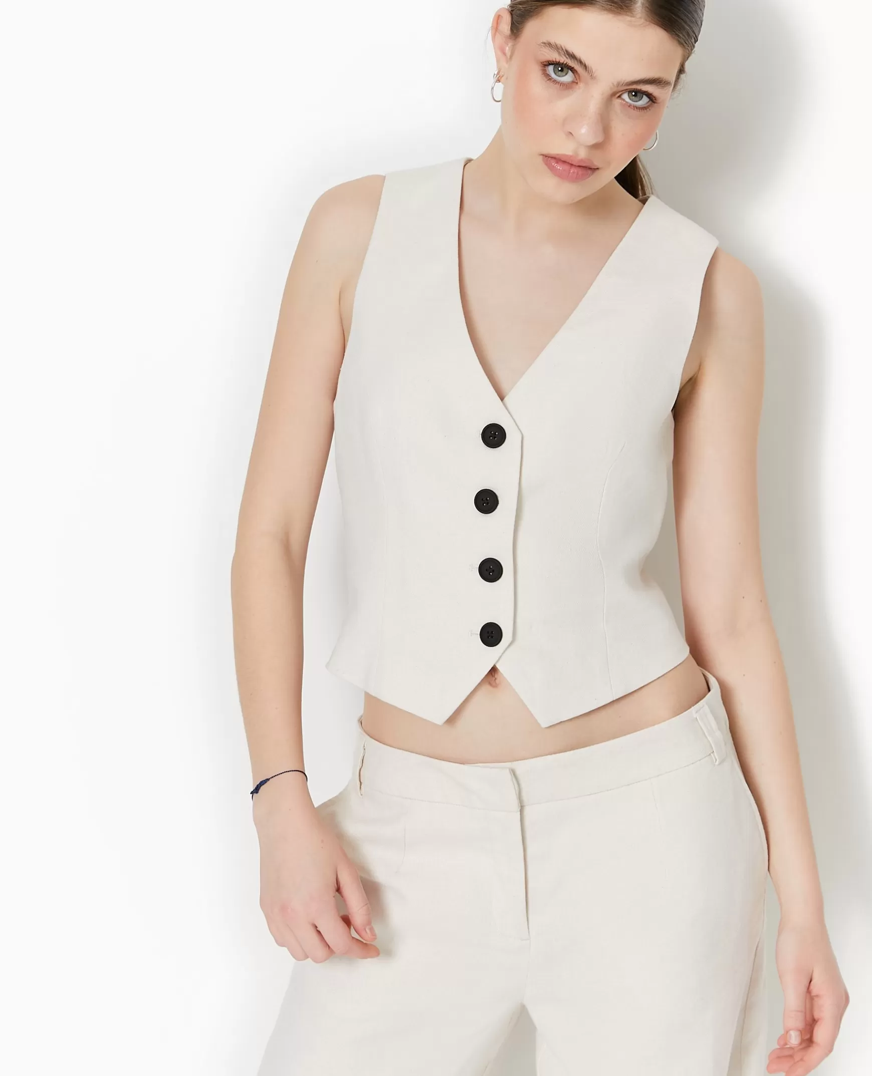 Pimkie Gilet de barman en tissu effet lin rustique - Blanc Fashion