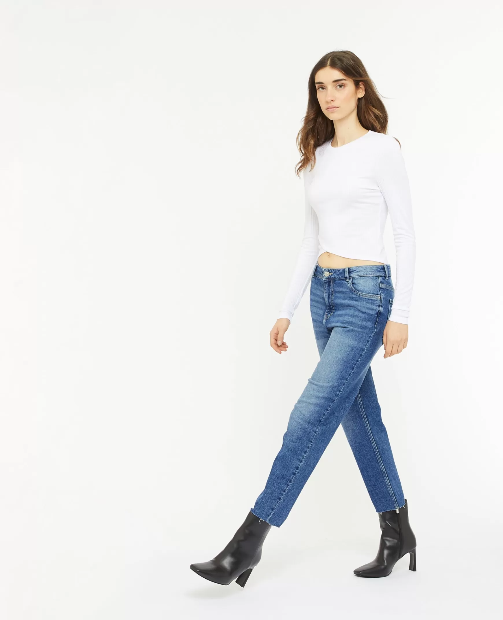 Pimkie Jean droit taille regular avec bas effilochs - Bleu Shop