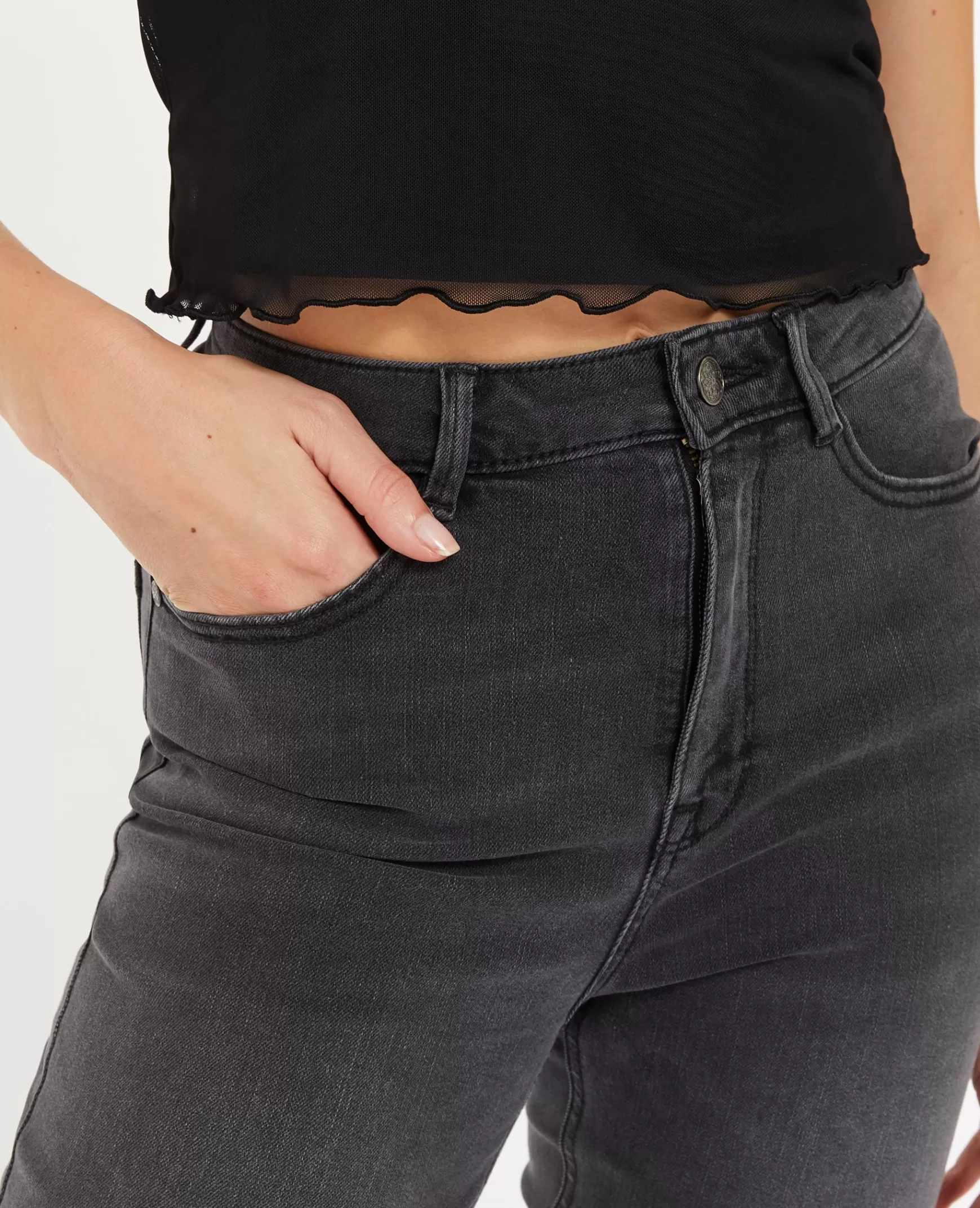 Pimkie Jean mom slim taille haute - Gris clair Grisclair Hot