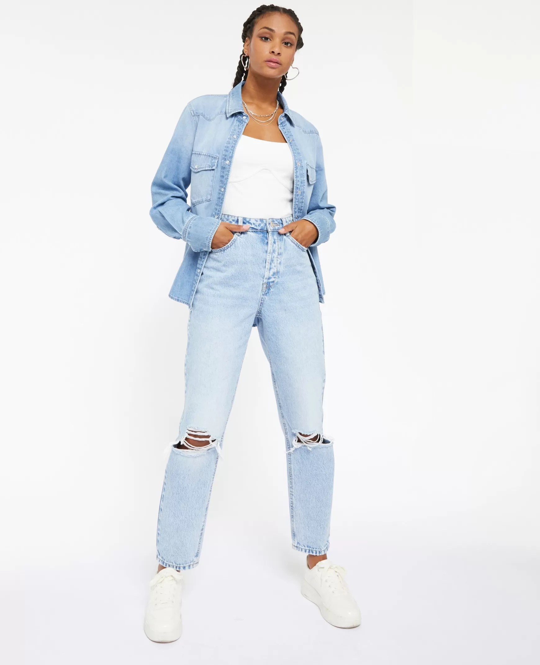 Pimkie Jean mom taille haute trash - Bleu Cheap