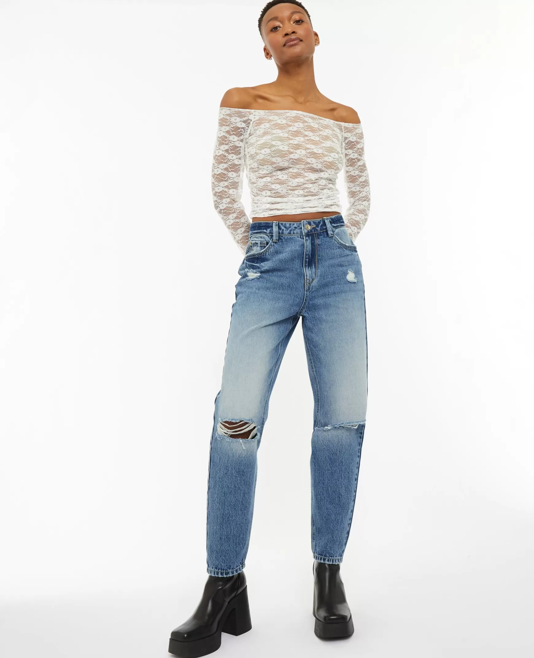 Pimkie Jean mom taille haute trash - Bleu Best Sale