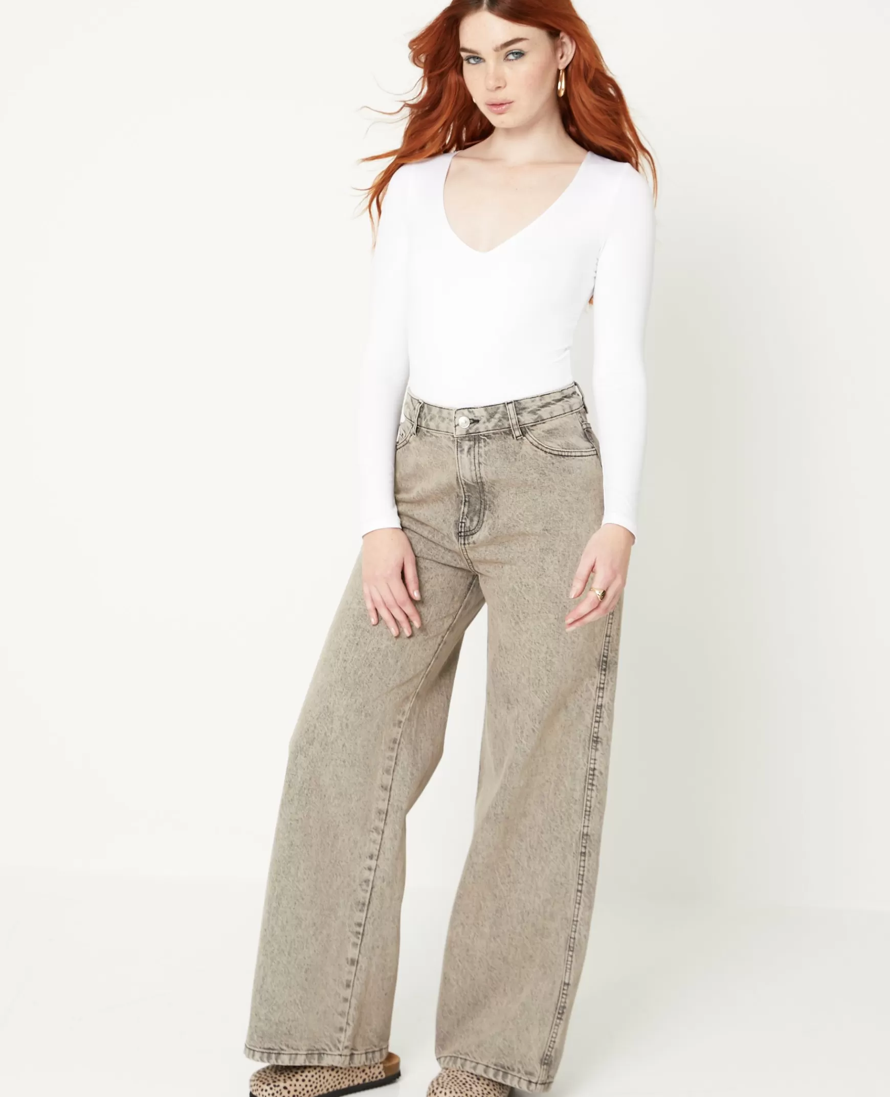 Pimkie Jean wide taille haute - Marron chin Marronchin Outlet