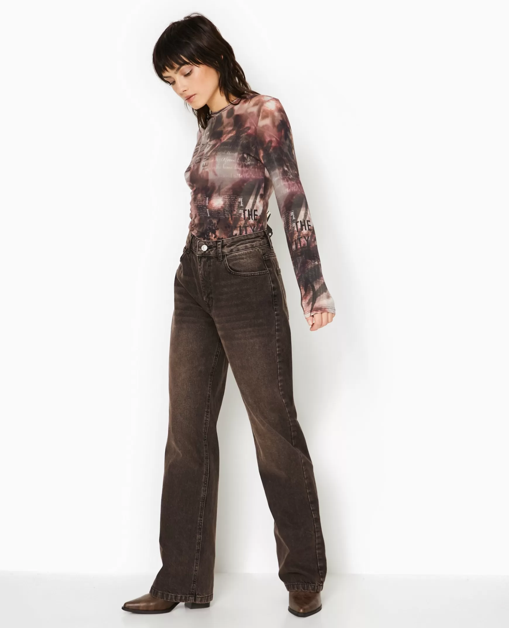 Pimkie Jean wide taille haute effet dirty - Marron Sale