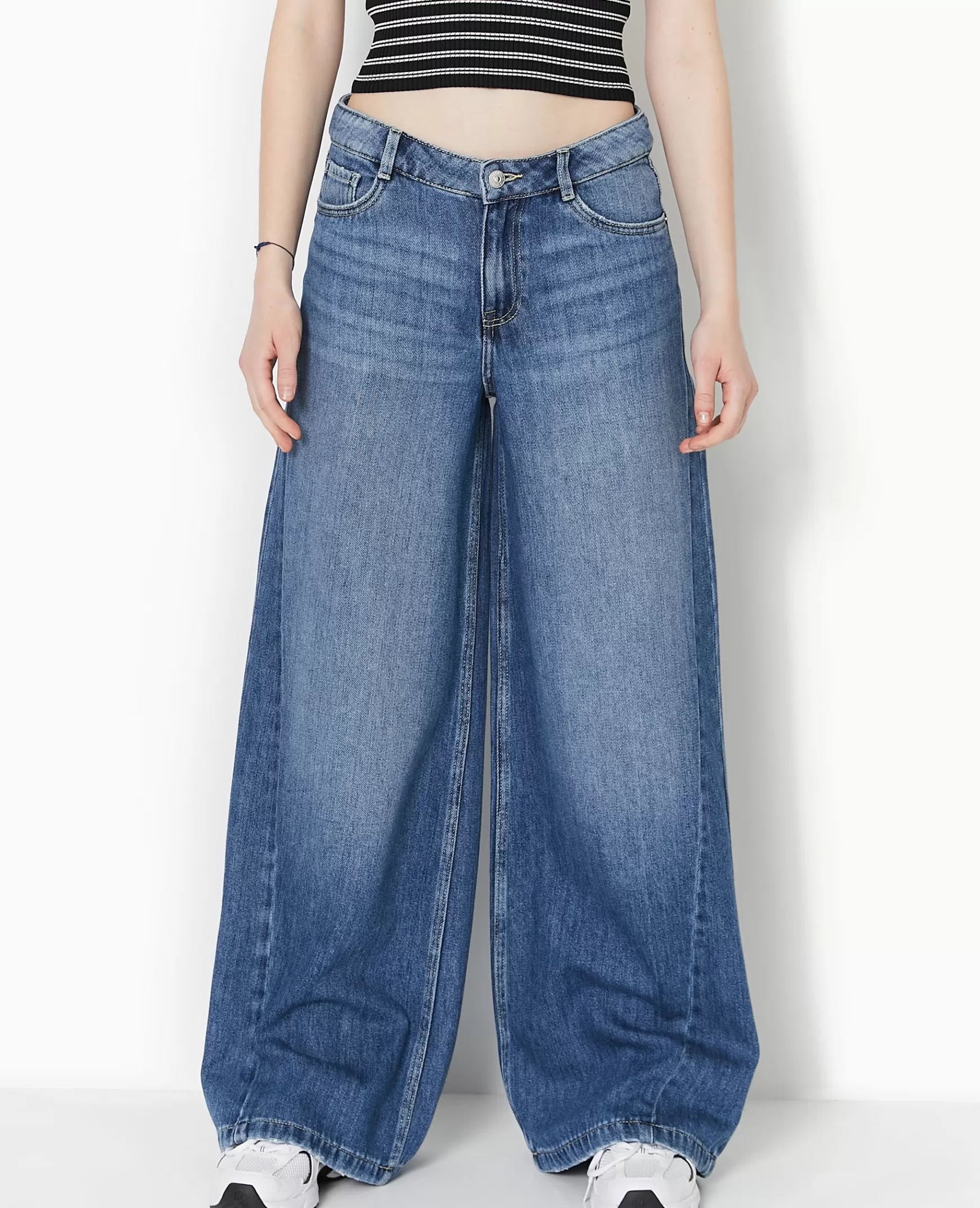 Pimkie Jean wide ultra large taille basse - Bleu Discount