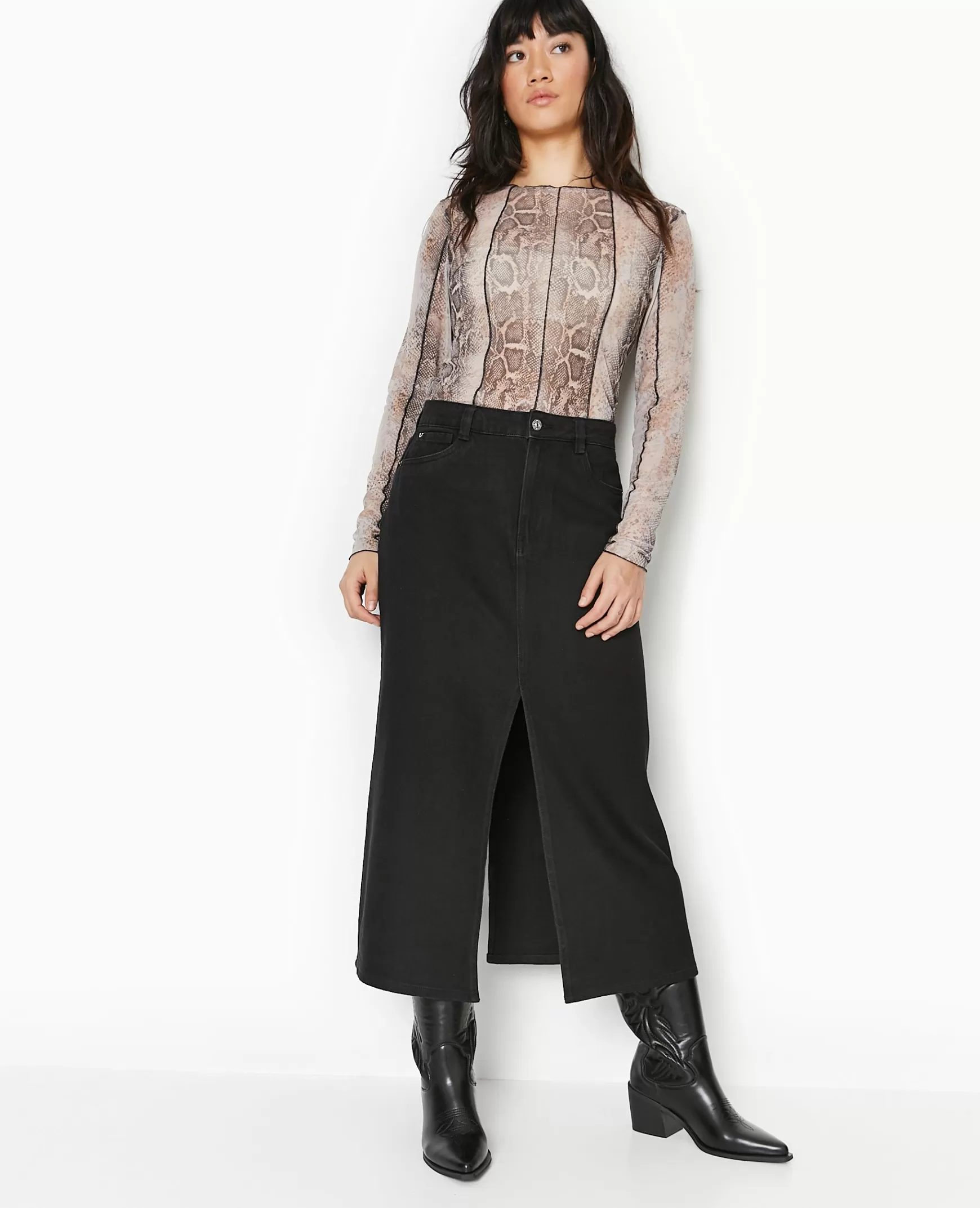 Pimkie Jupe longue en jean avec fentes - Noir Cheap