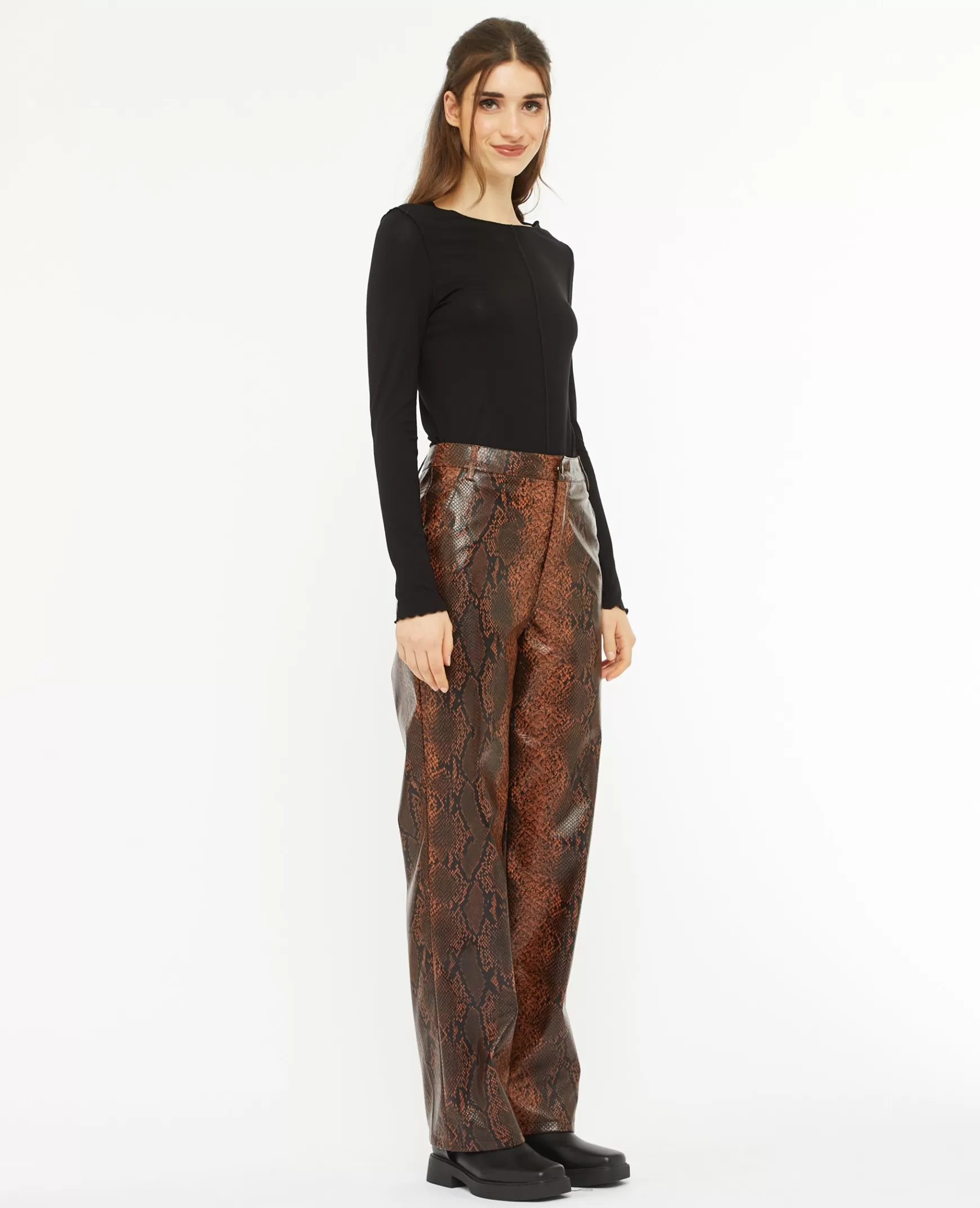 Pimkie Pantalon droit en simili effet python - Marron Fashion