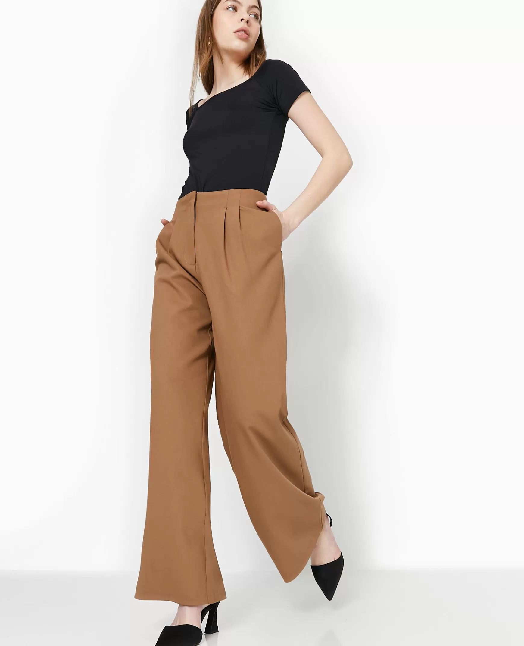 Pimkie Pantalon large avec pinces - Marron Flash Sale