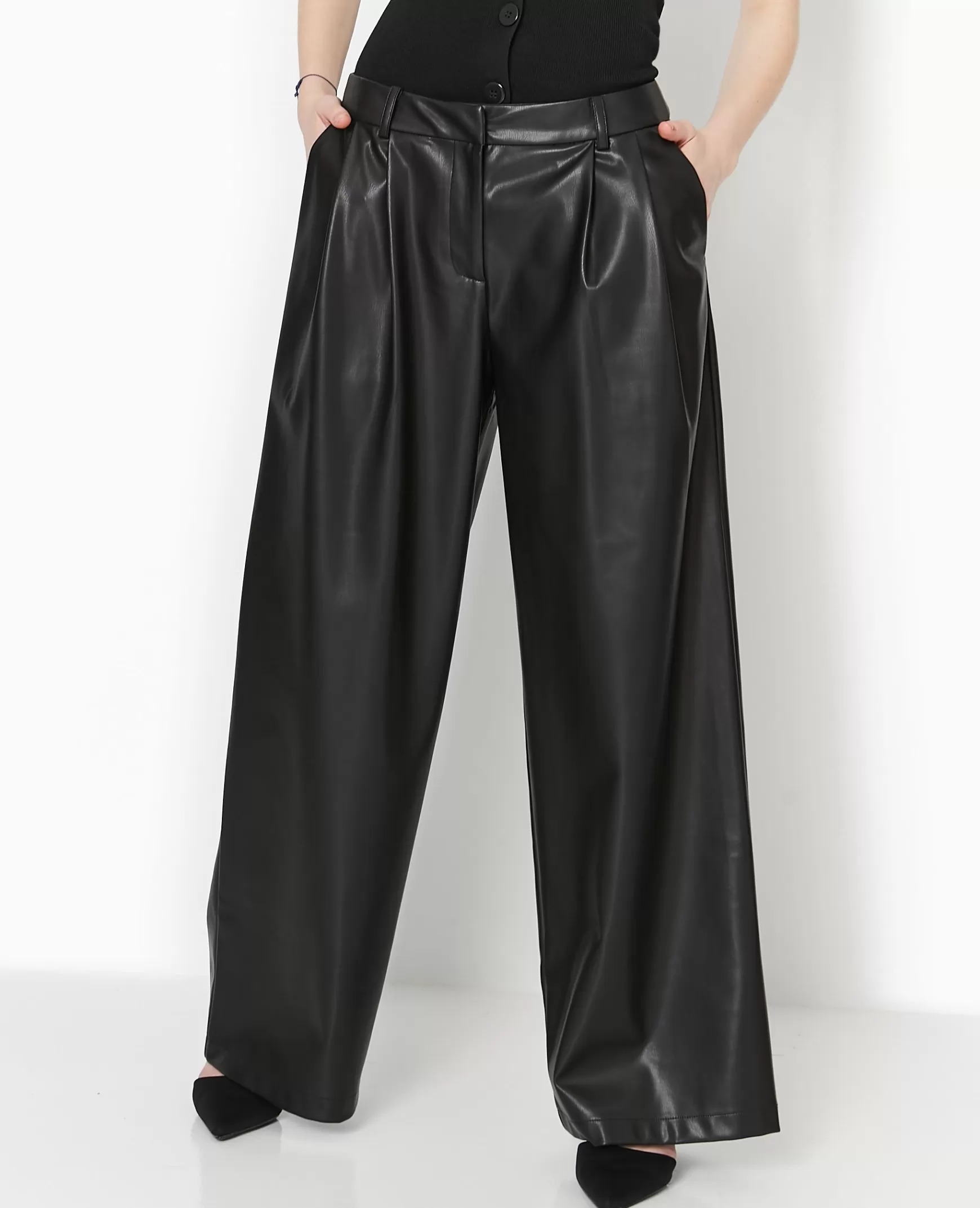 Pimkie Pantalon large avec pinces en simili - Noir New