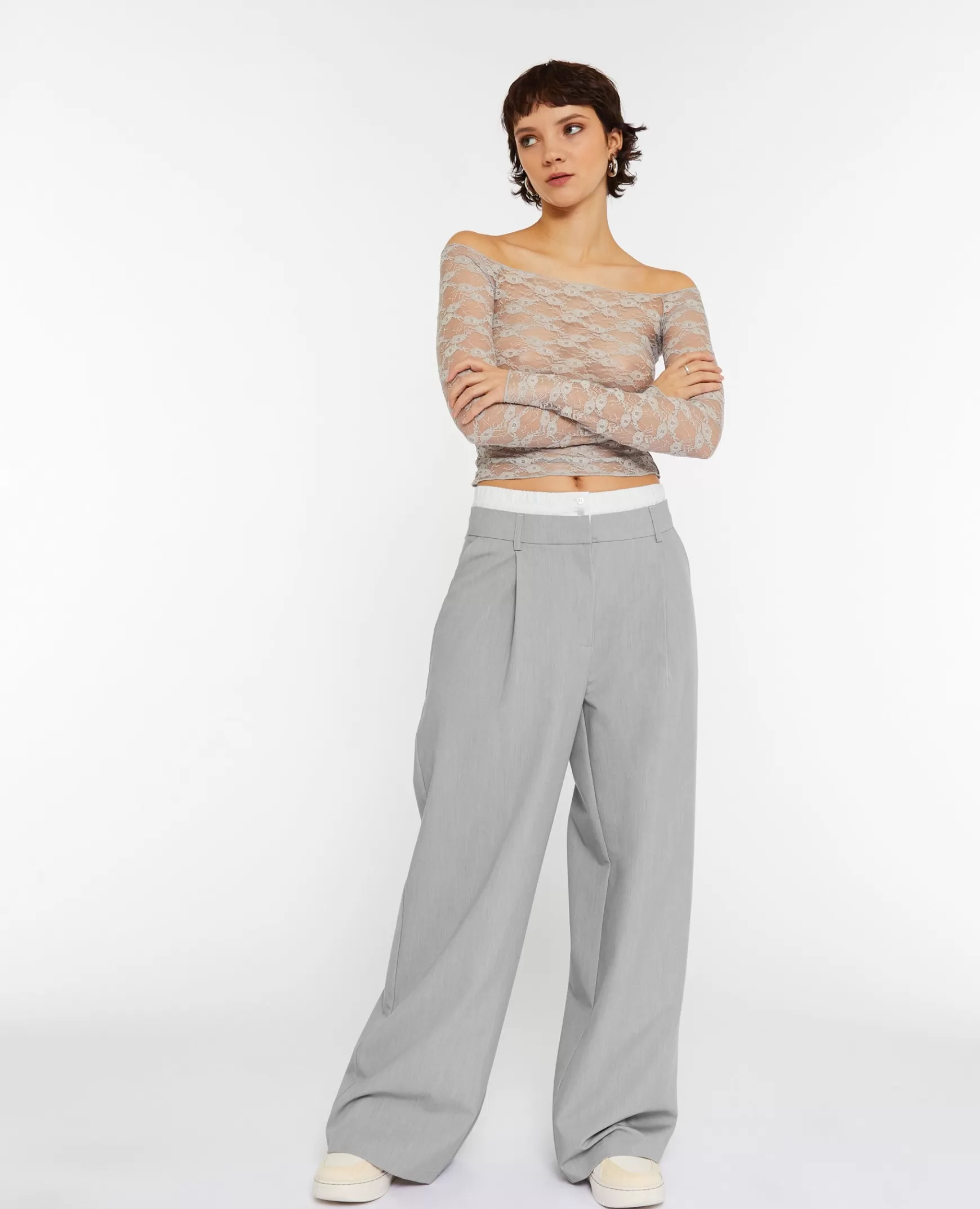 Pimkie Pantalon large et droit avec caleçon apparent - Gris Best