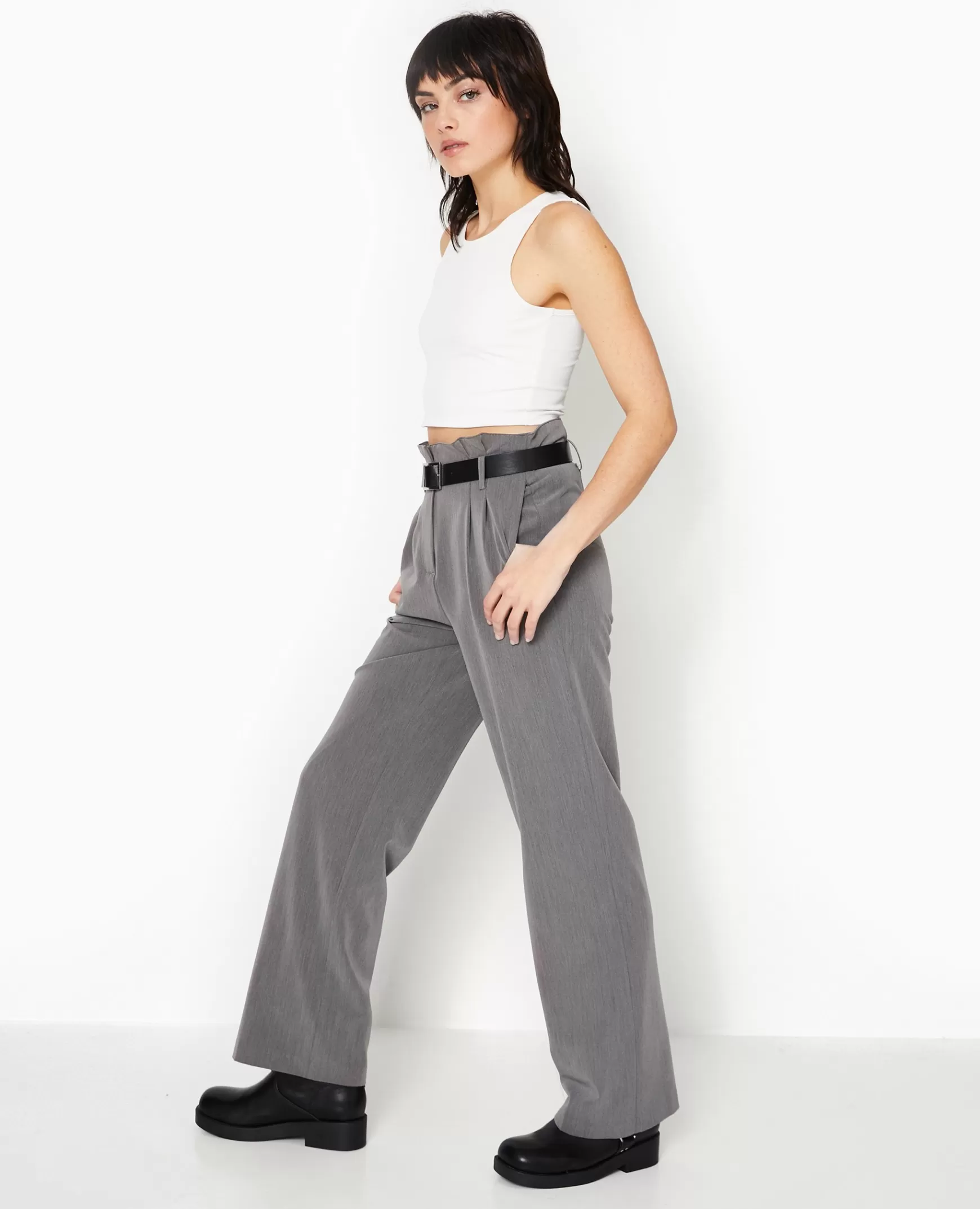 Pimkie Pantalon large taille haute avec ceinture - Gris fonc Grisfonc Flash Sale