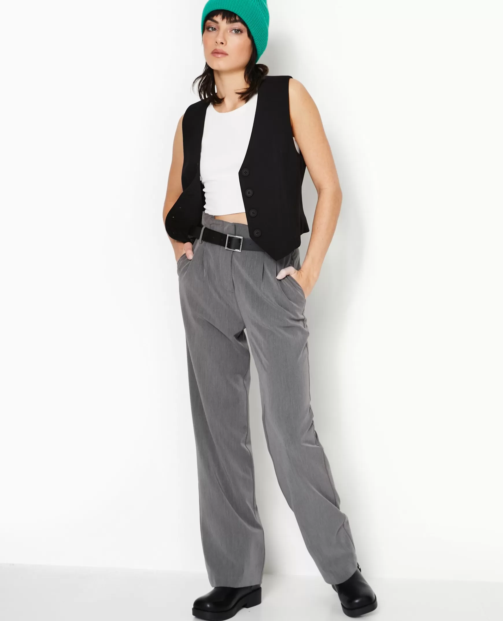 Pimkie Pantalon large taille haute avec ceinture - Gris fonc Grisfonc Flash Sale