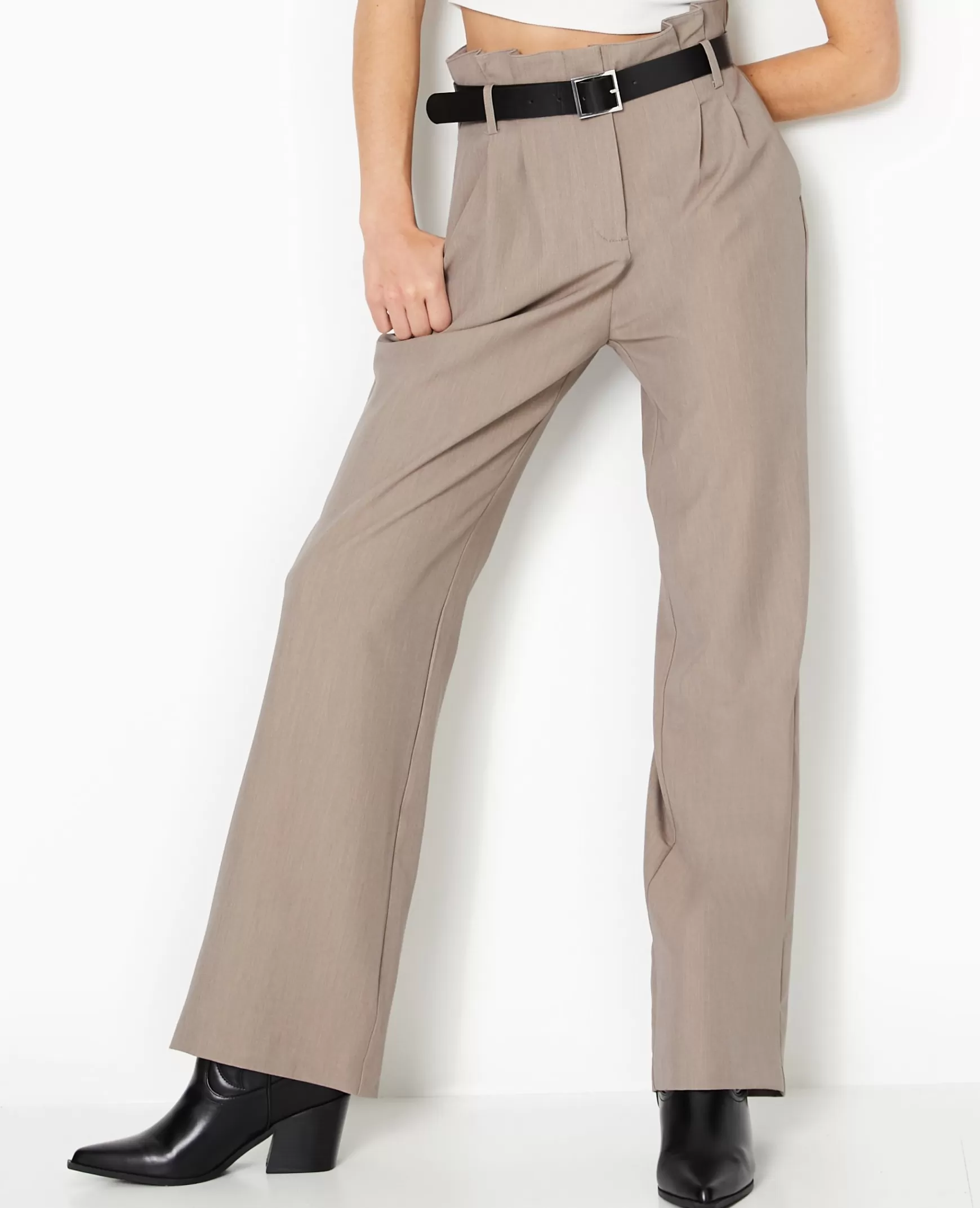 Pimkie Pantalon large taille haute avec ceinture - Marron Sale