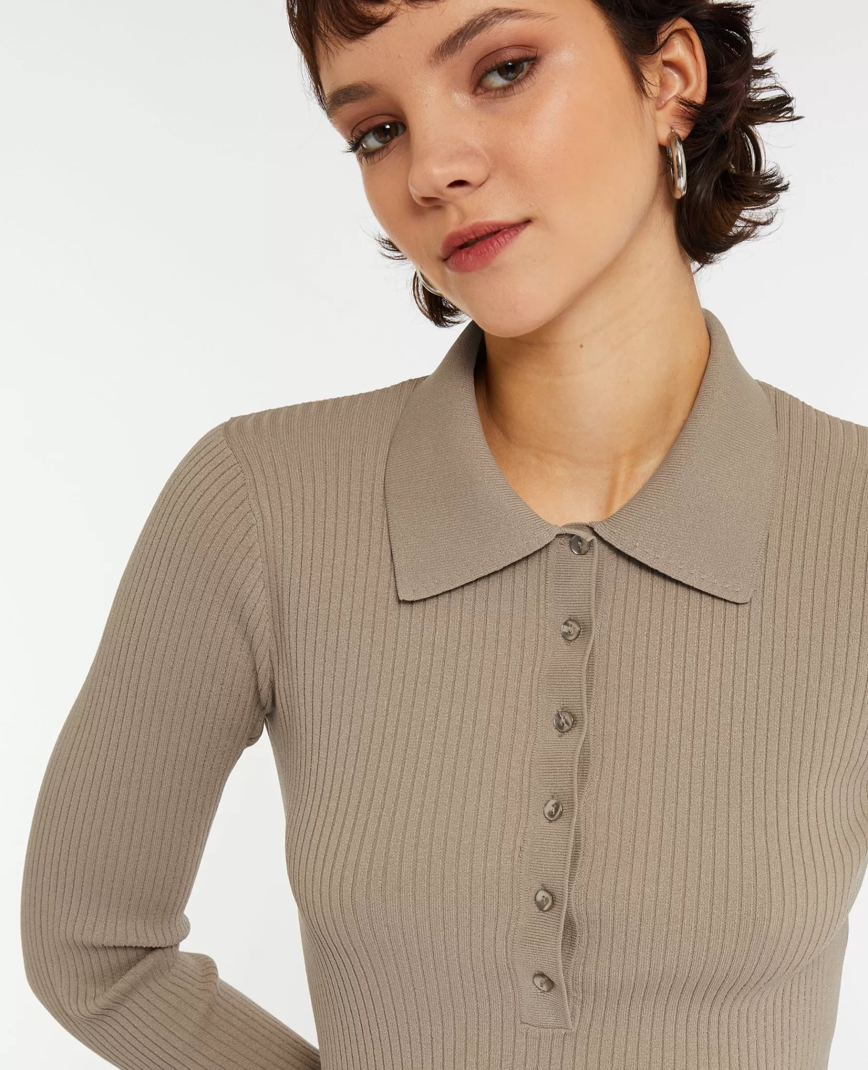 Pimkie Pull col polo en maille côtele - Beige Outlet