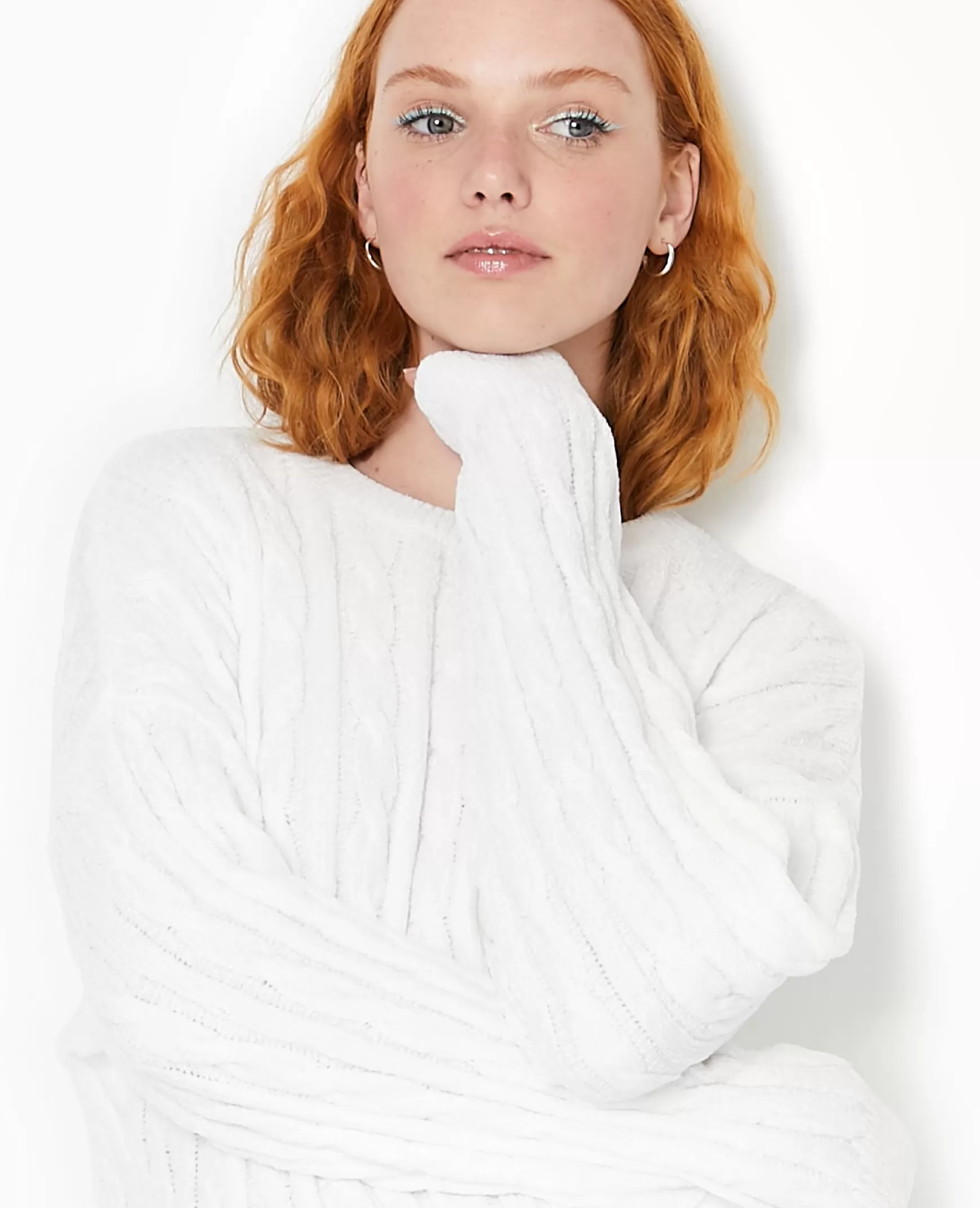 Pimkie Pull col rond en maille chenille torsade - Blanc Flash Sale