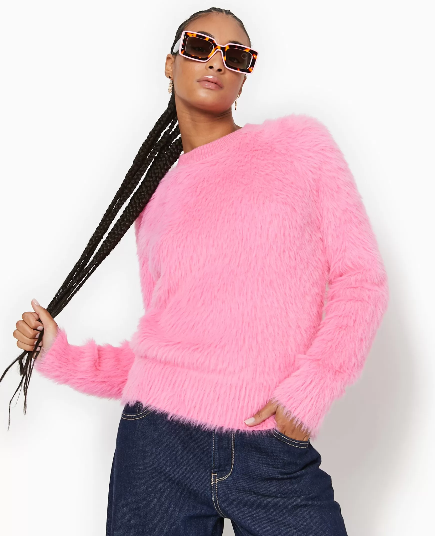 Pimkie Pull col rond en maille fluffy et poilue - Rose Fashion