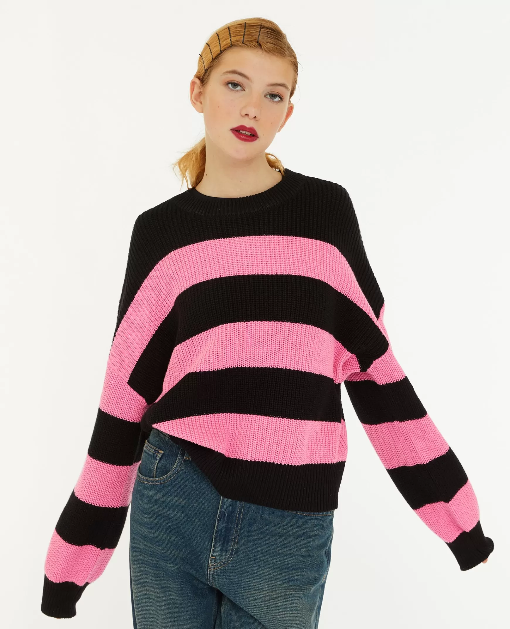 Pimkie Pull col rond en maille raye - Rose Outlet