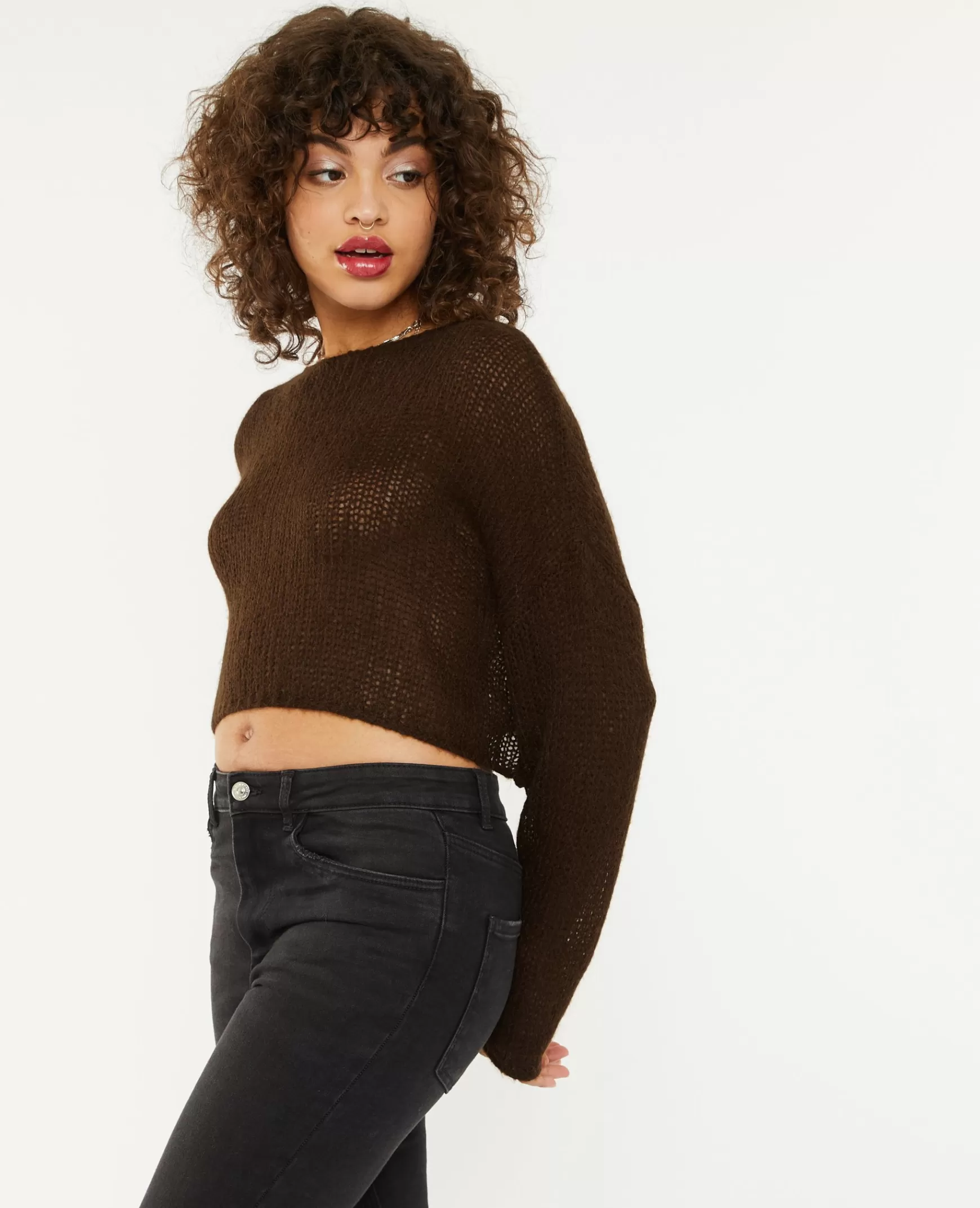 Pimkie Pull cropped en maille transparente - Marron Store