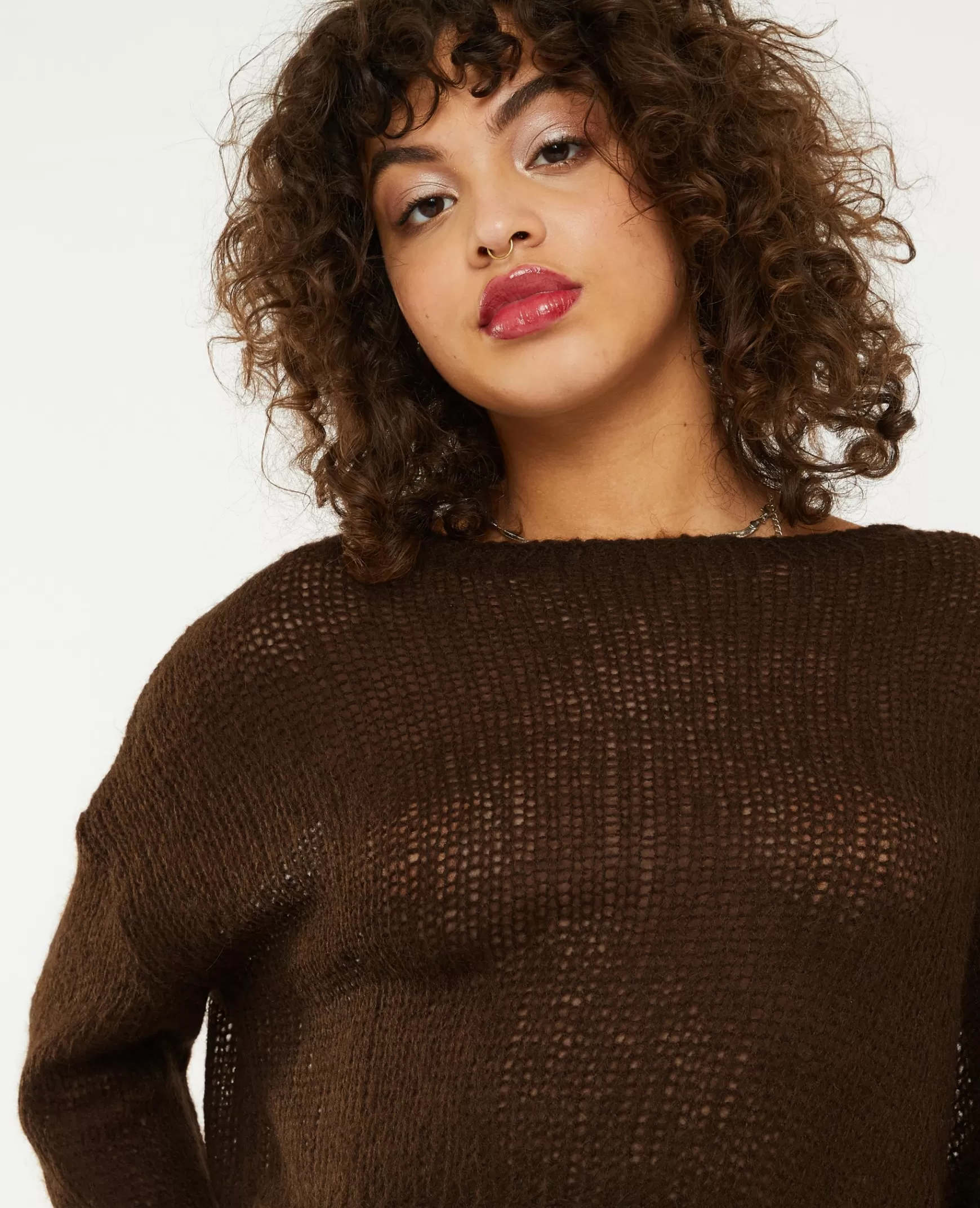 Pimkie Pull cropped en maille transparente - Marron Store