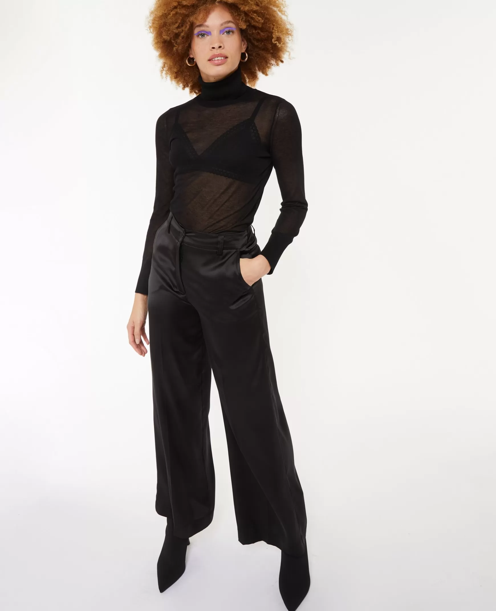 Pimkie Pull fin col roul en maille transparente - Noir Discount