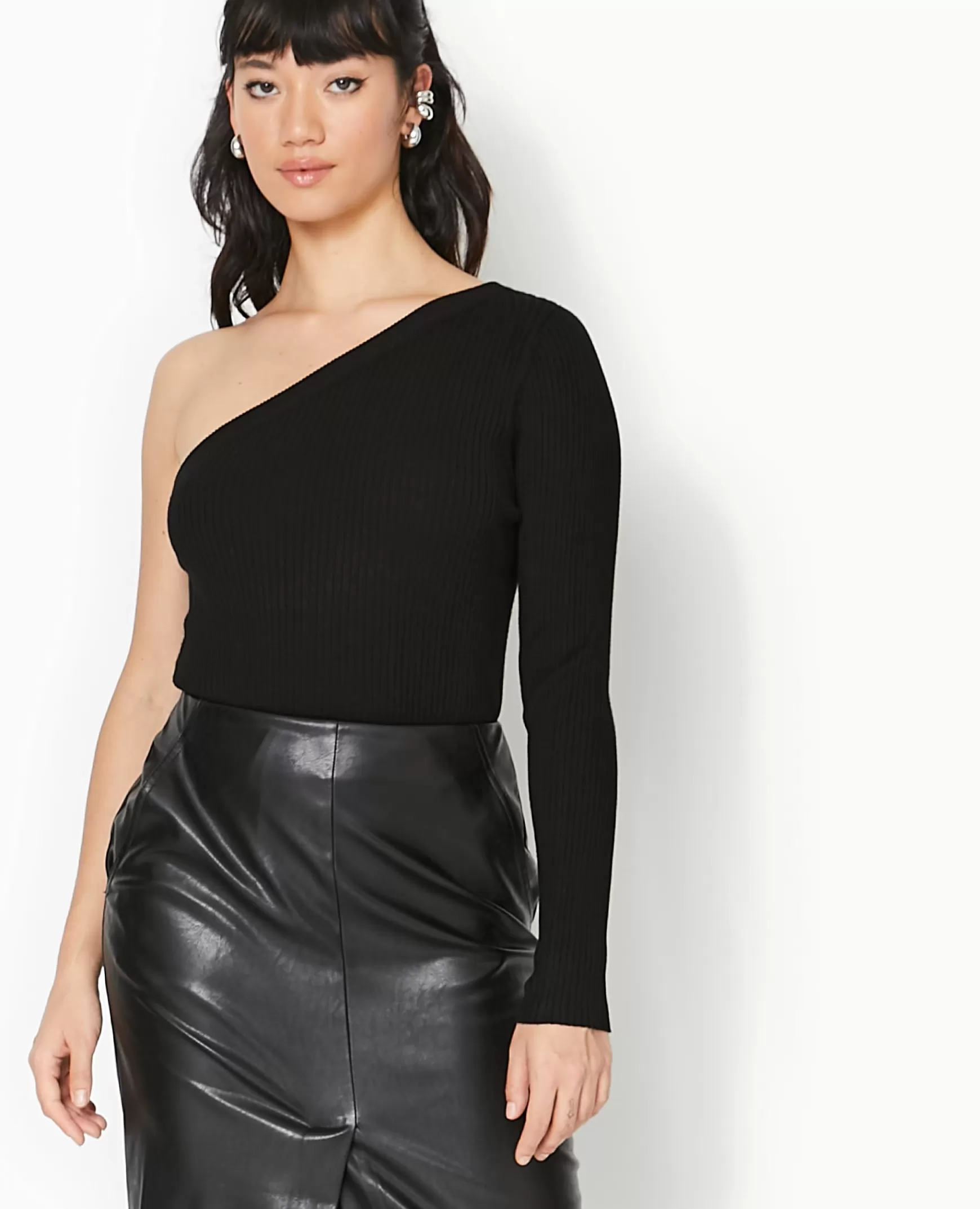 Pimkie Pull fin one shoulder en maille côtele - Noir Fashion