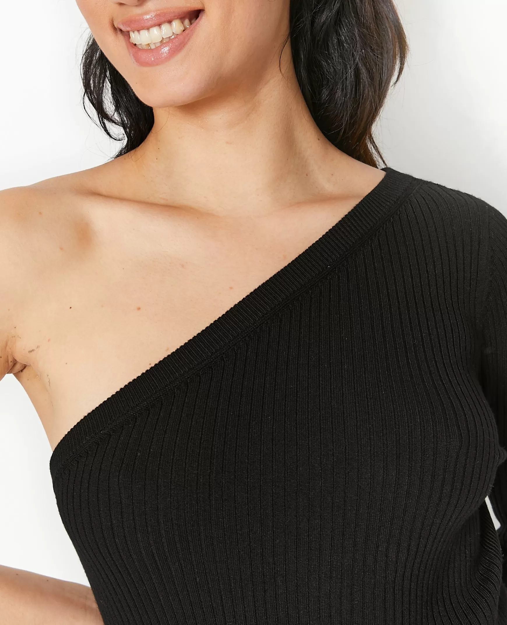 Pimkie Pull fin one shoulder en maille côtele - Noir Fashion