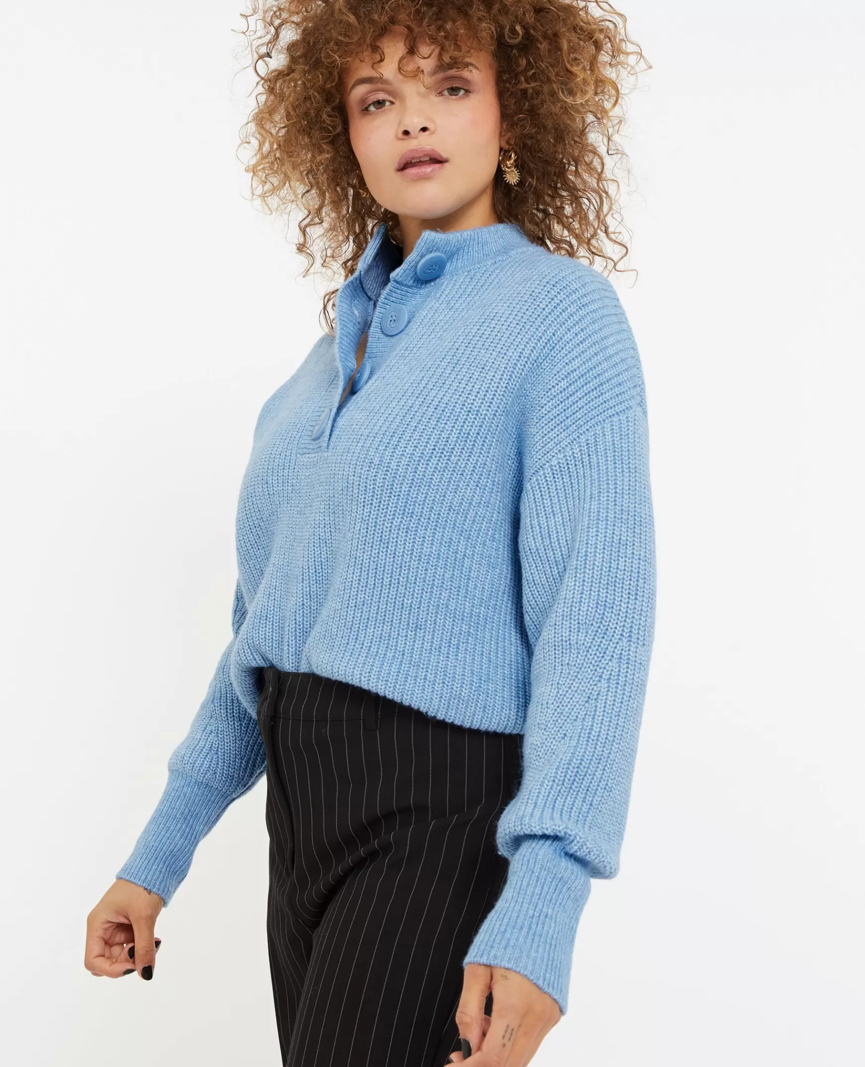 Pimkie Pull grosse maille avec col boutonn - Bleu Hot