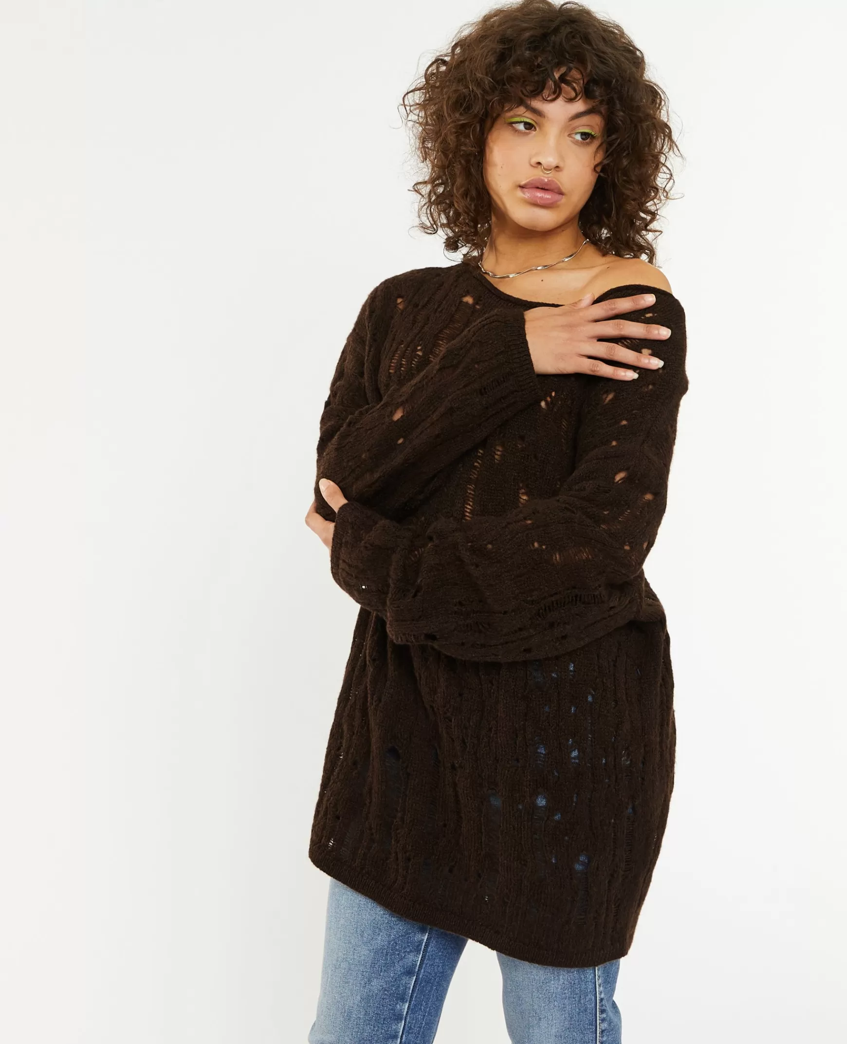 Pimkie Pull oversize en maille ajoure effet destroy - Marron New