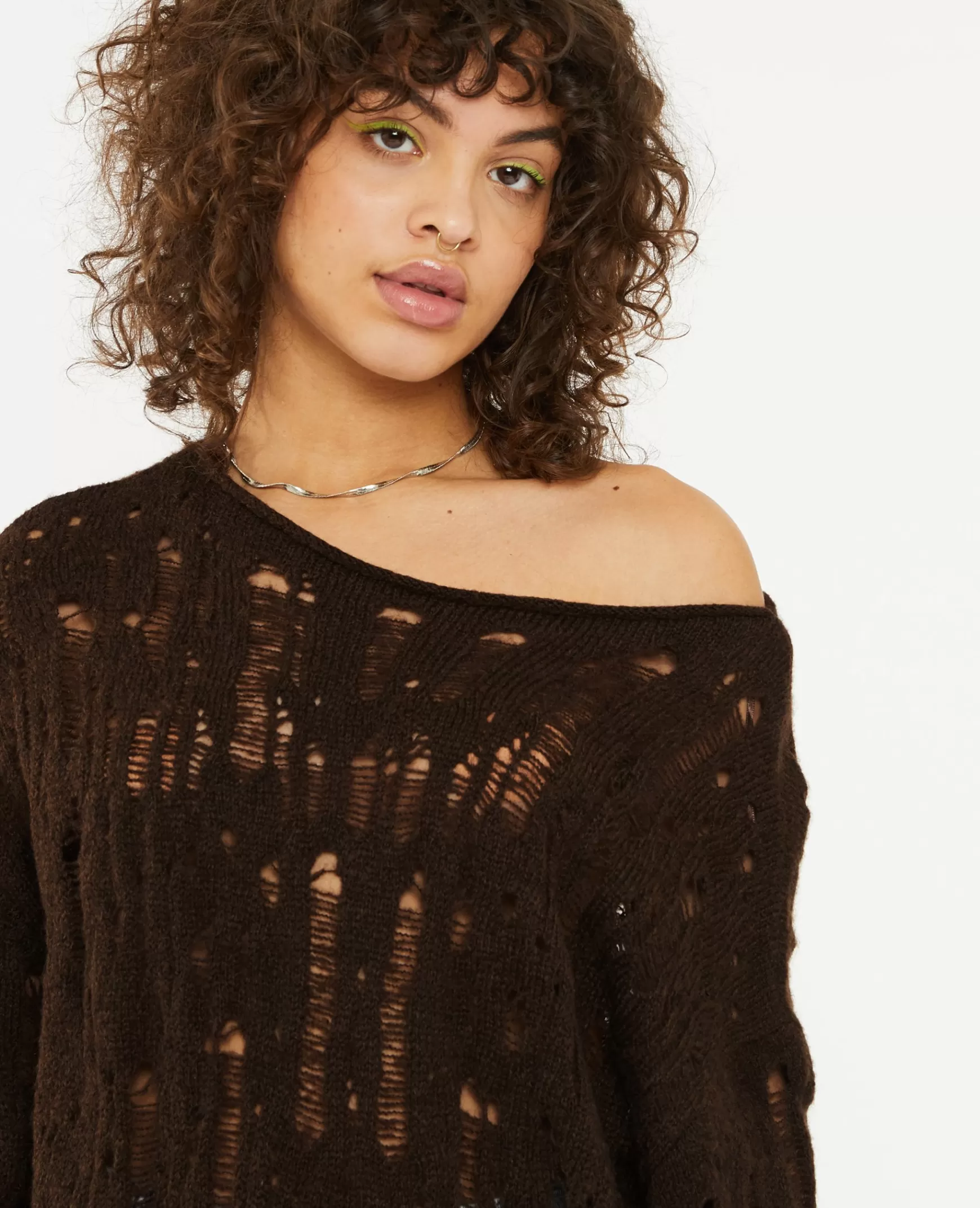 Pimkie Pull oversize en maille ajoure effet destroy - Marron New