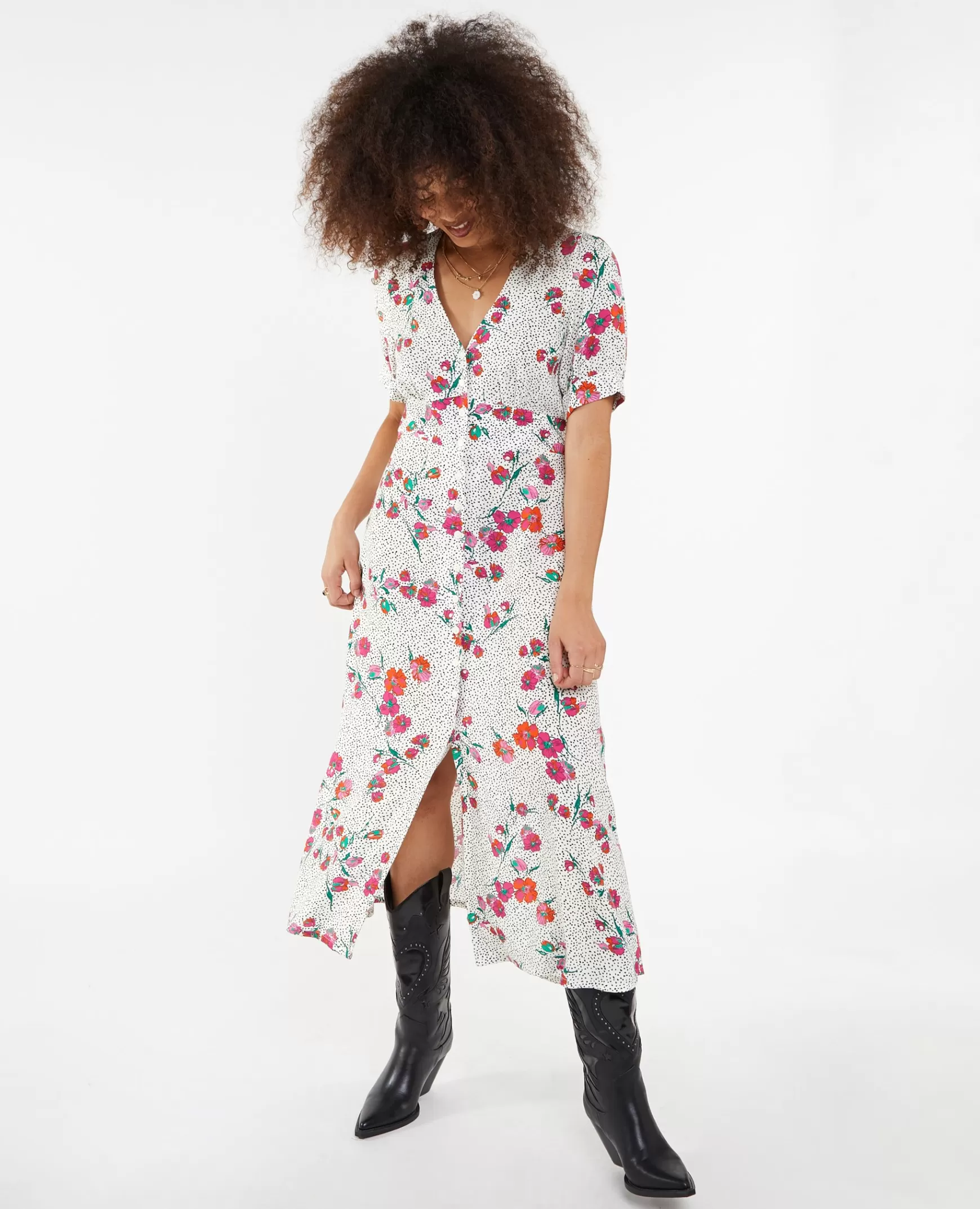 Pimkie Robe longue boutonne motif cœurs et fleurs - Blanc Online