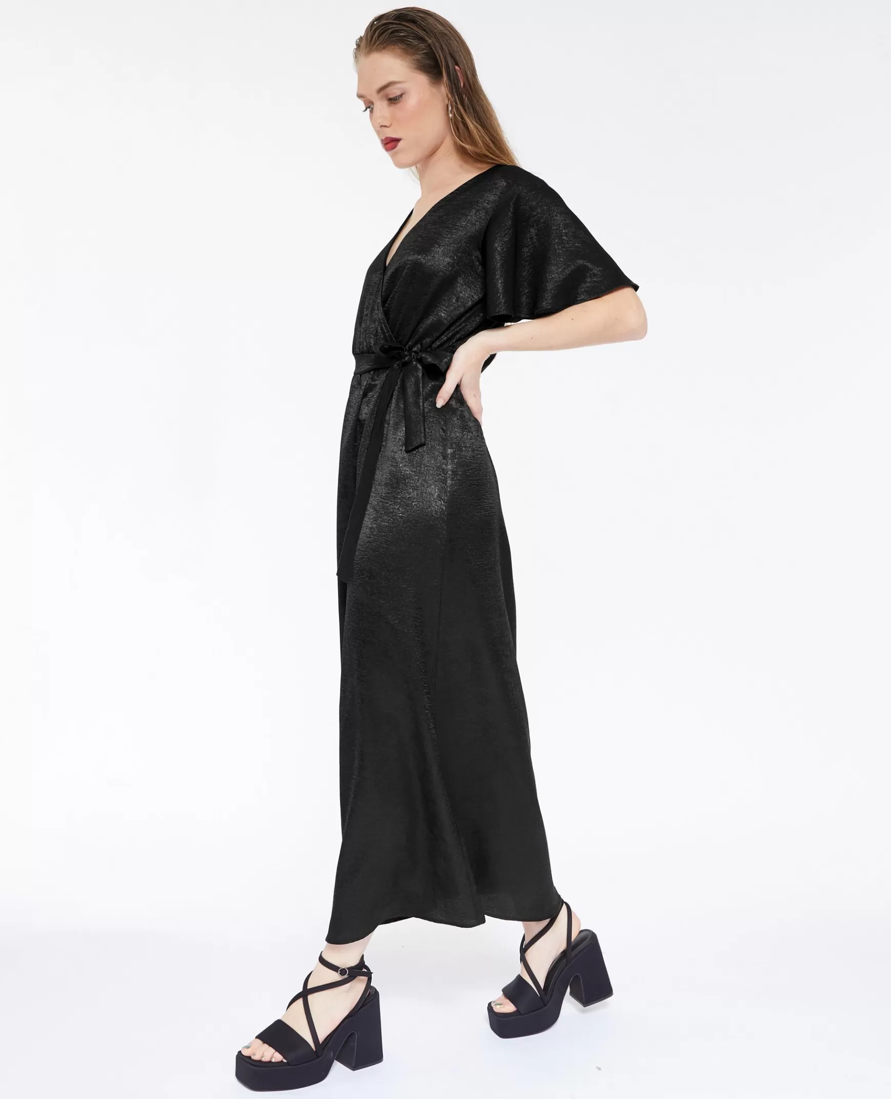 Pimkie Robe longue satine cache-cœur - Noir Clearance