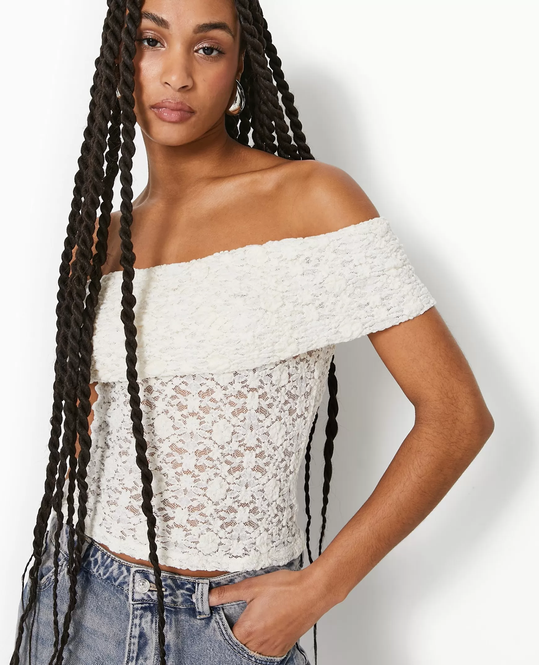 Pimkie Top en dentelle encolure Bardot - Blanc Sale