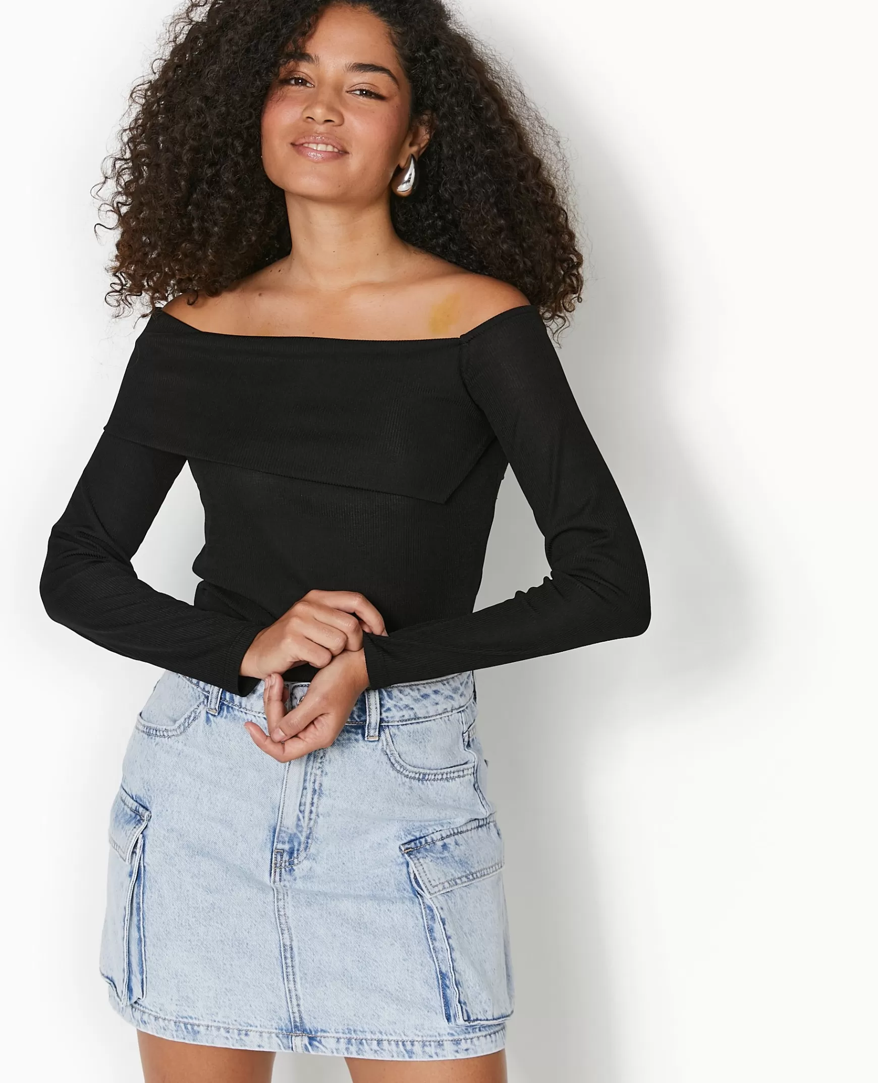 Pimkie Top en maille côtele encolure Bardot - Noir Flash Sale