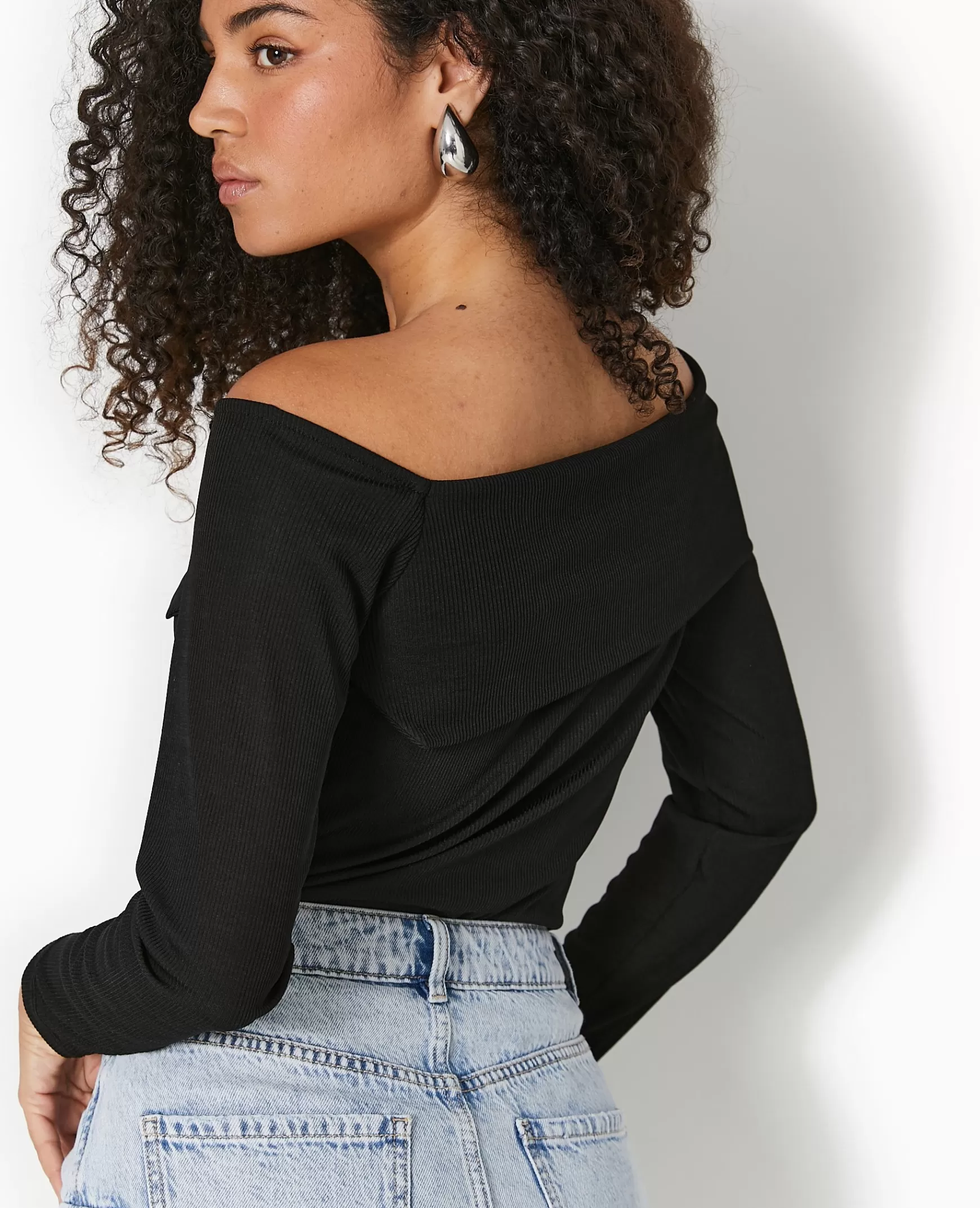 Pimkie Top en maille côtele encolure Bardot - Noir Flash Sale