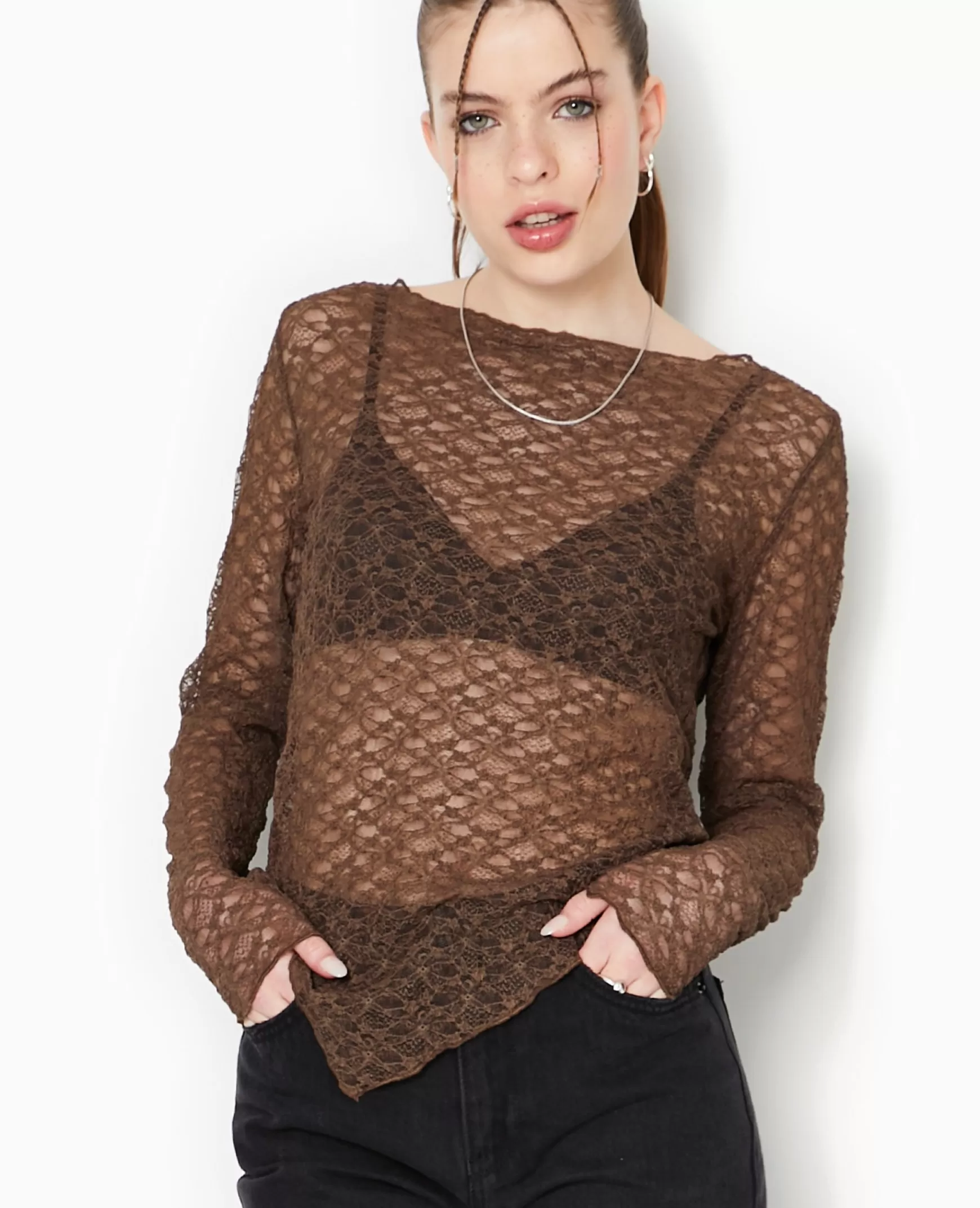 Pimkie Top manches longues en dentelle - Marron Shop