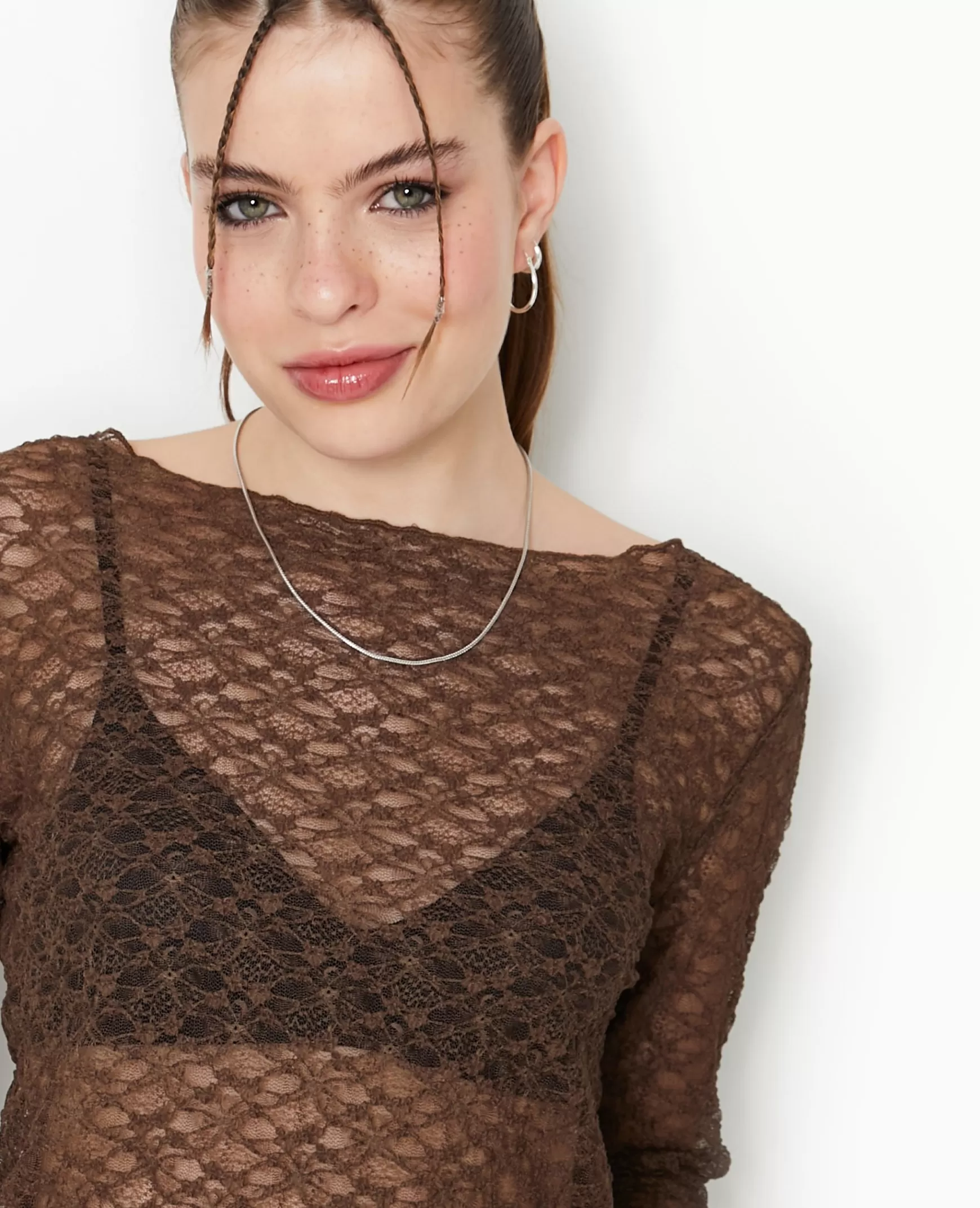 Pimkie Top manches longues en dentelle - Marron Shop