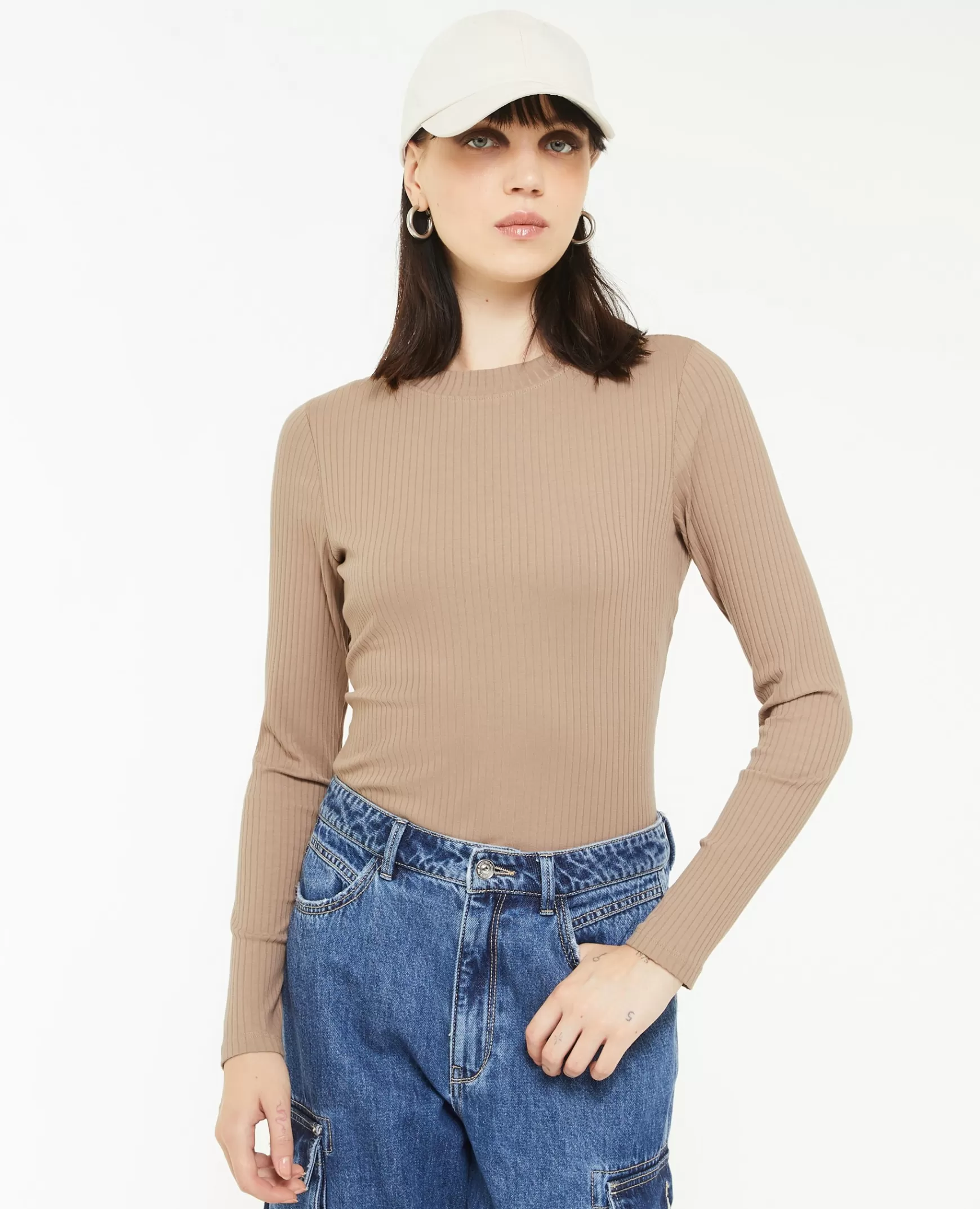 Pimkie Top manches longues en maille côtele - Taupe Flash Sale