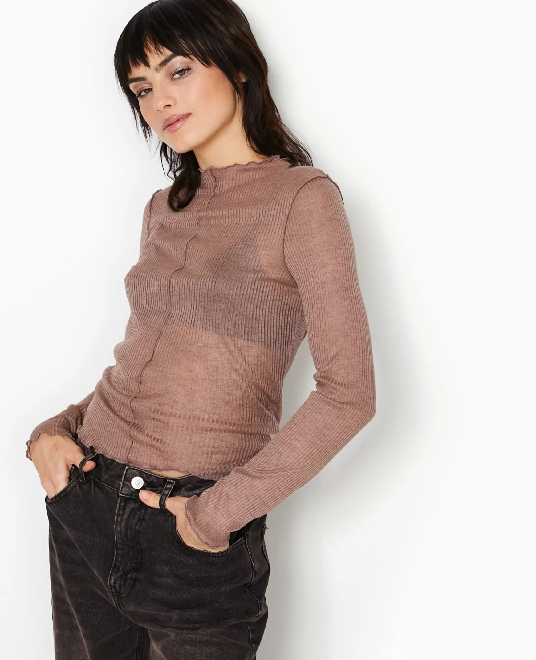 Pimkie Top manches longues en maille côtele - Taupe Outlet