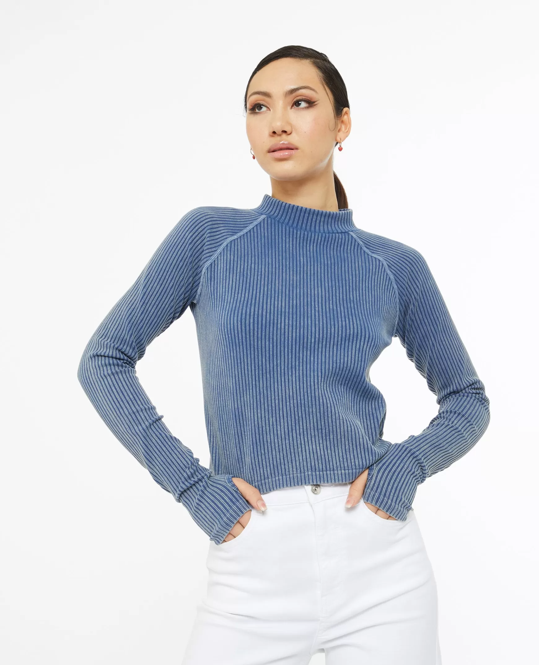 Pimkie Top manches longues en maille côtele effet ray - Bleu Flash Sale