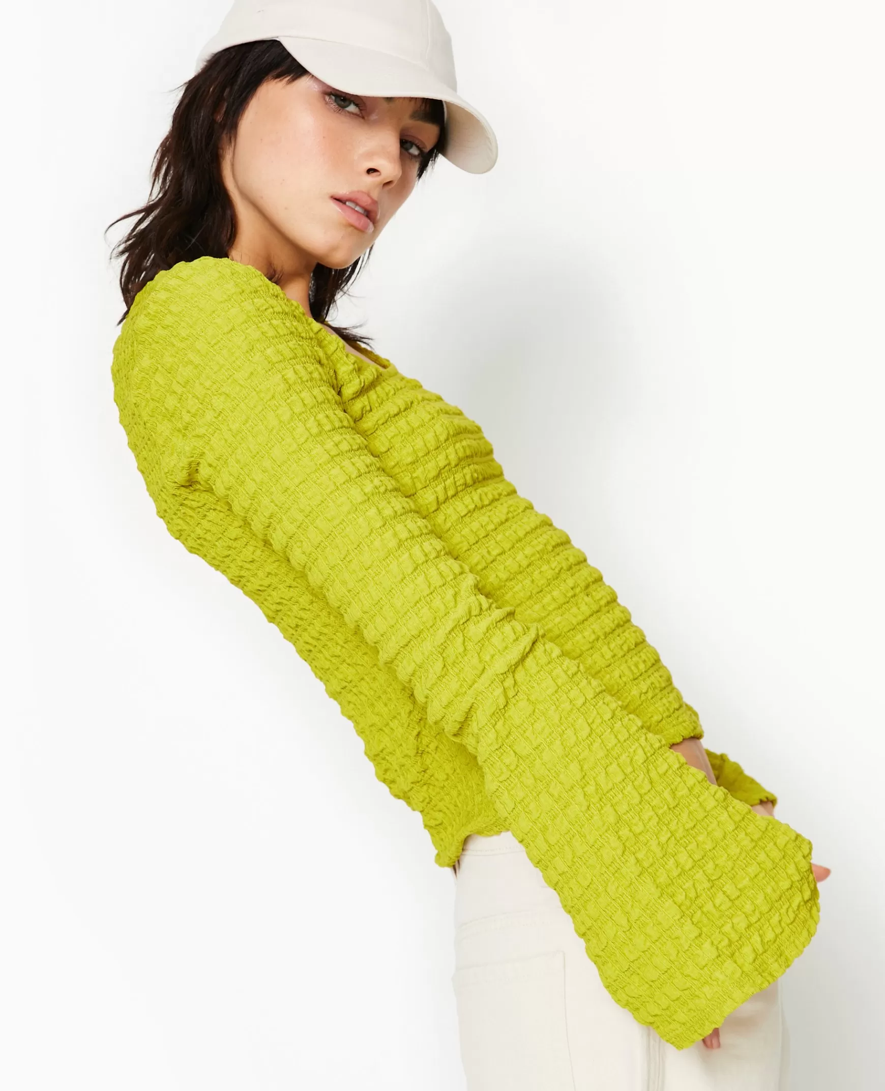 Pimkie Top manches longues en maille gaufre - Jaune Discount