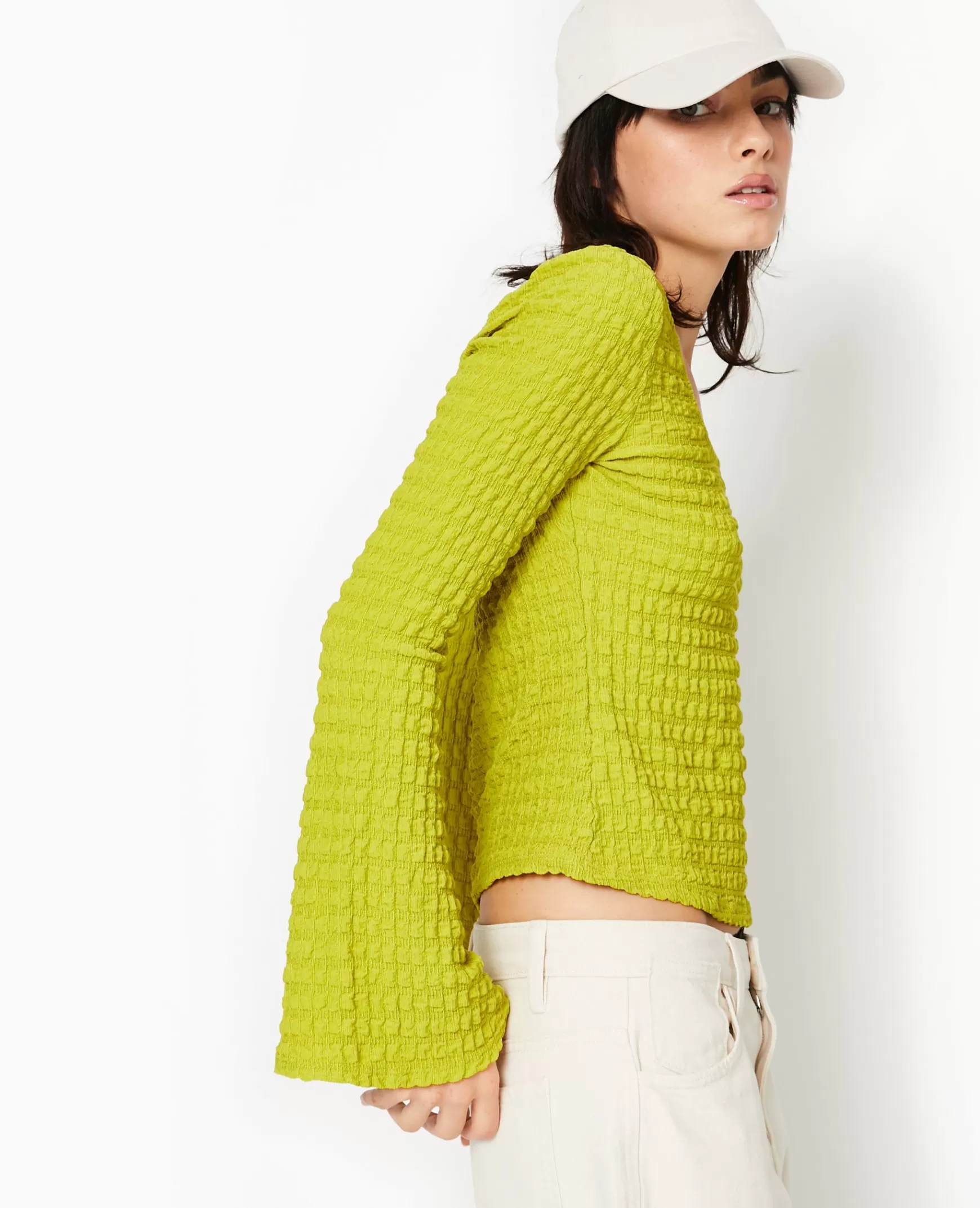 Pimkie Top manches longues en maille gaufre - Jaune Discount