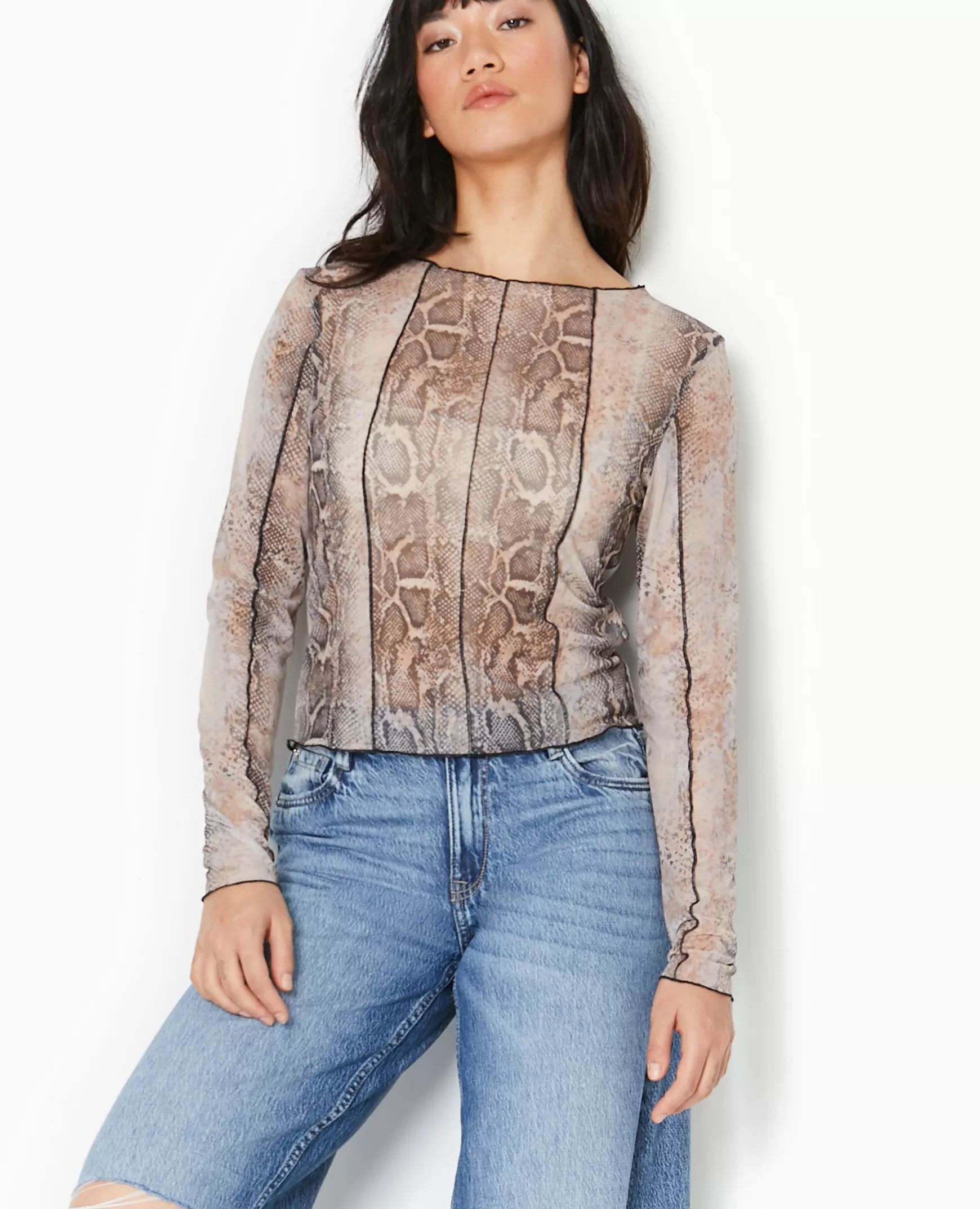 Pimkie Top manches longues en tulle motif python - Marron Outlet