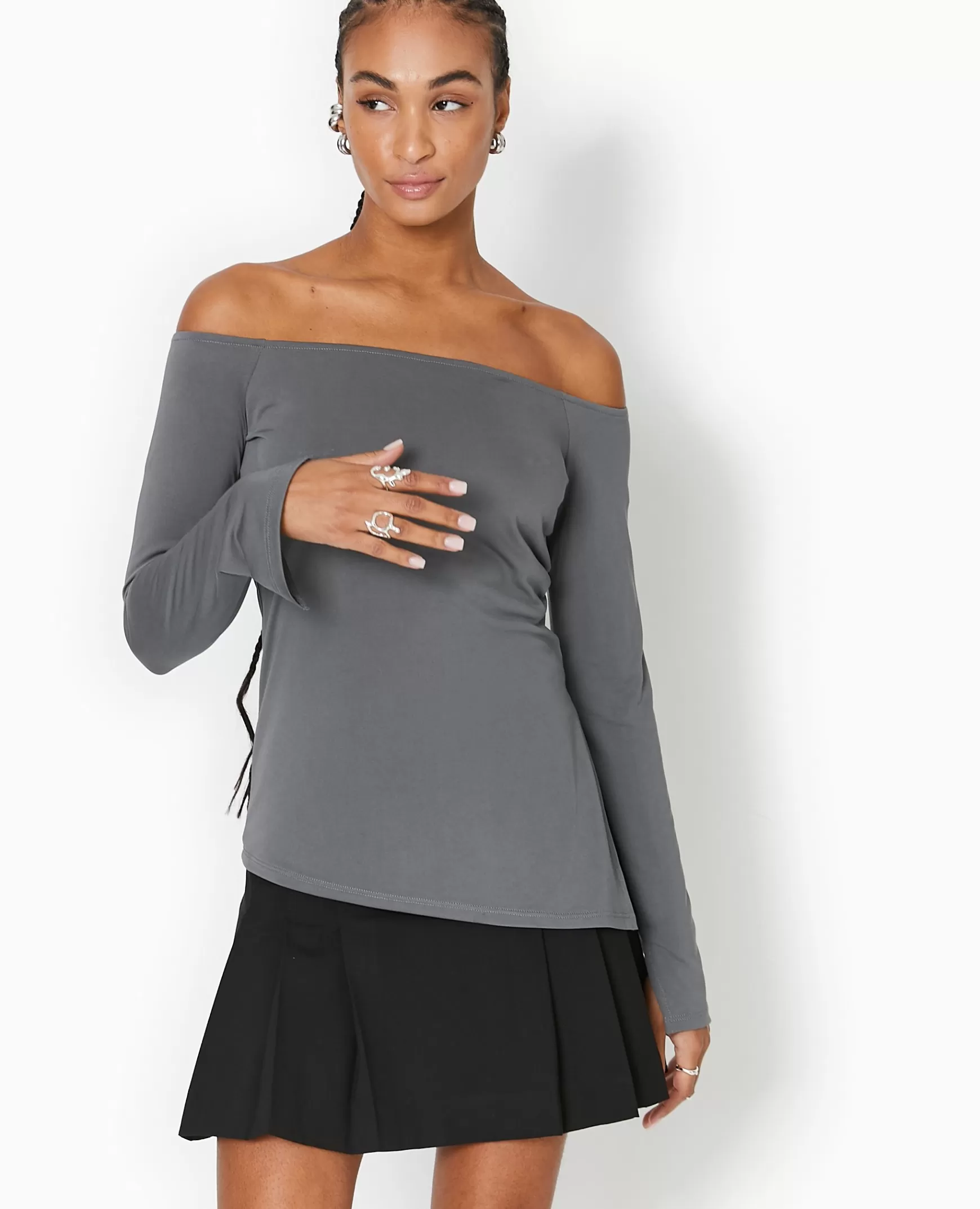 Pimkie Top manches longues encolure Bardot - Gris Discount