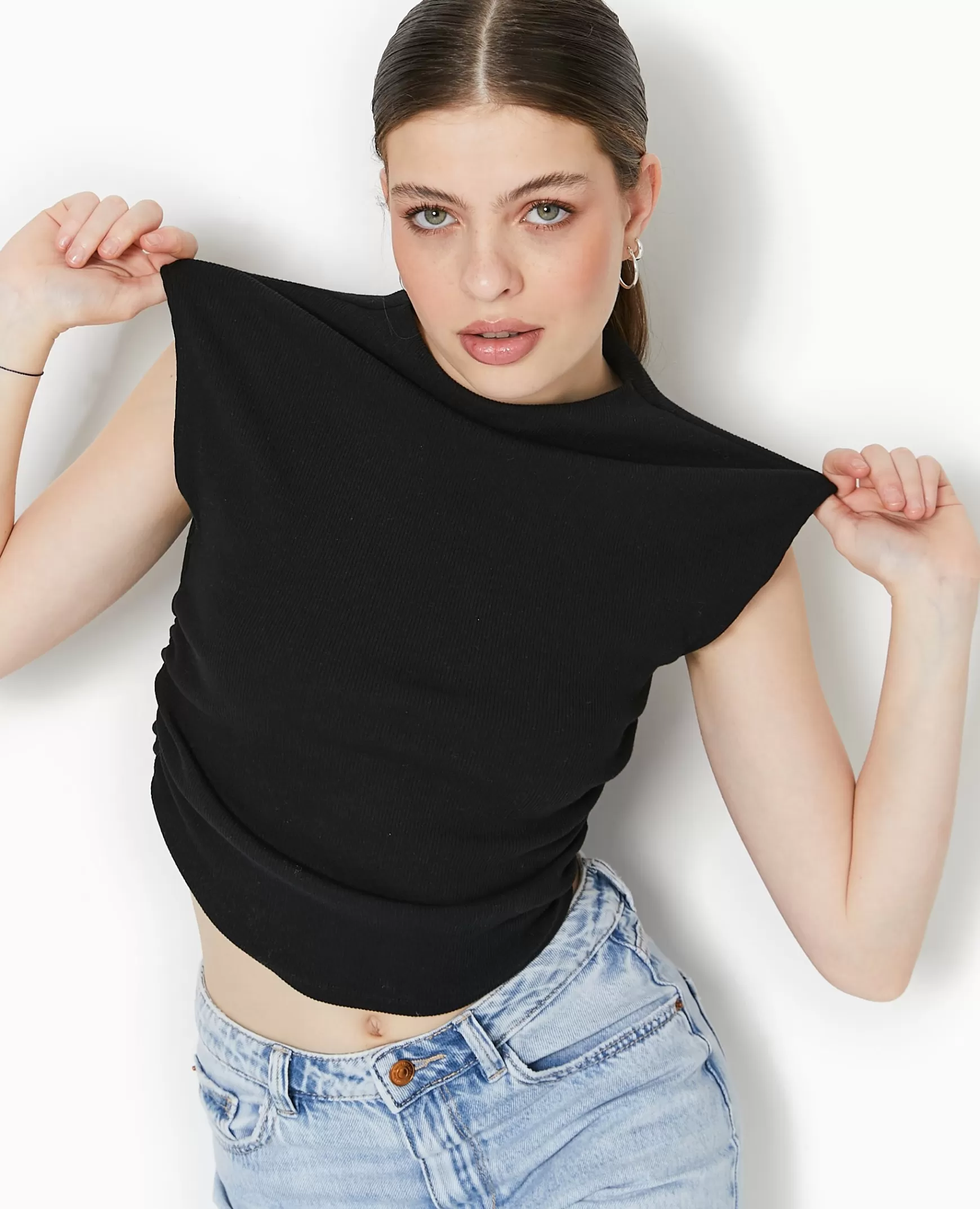 Pimkie Top sans manches col montant en maille côtele - Noir Cheap