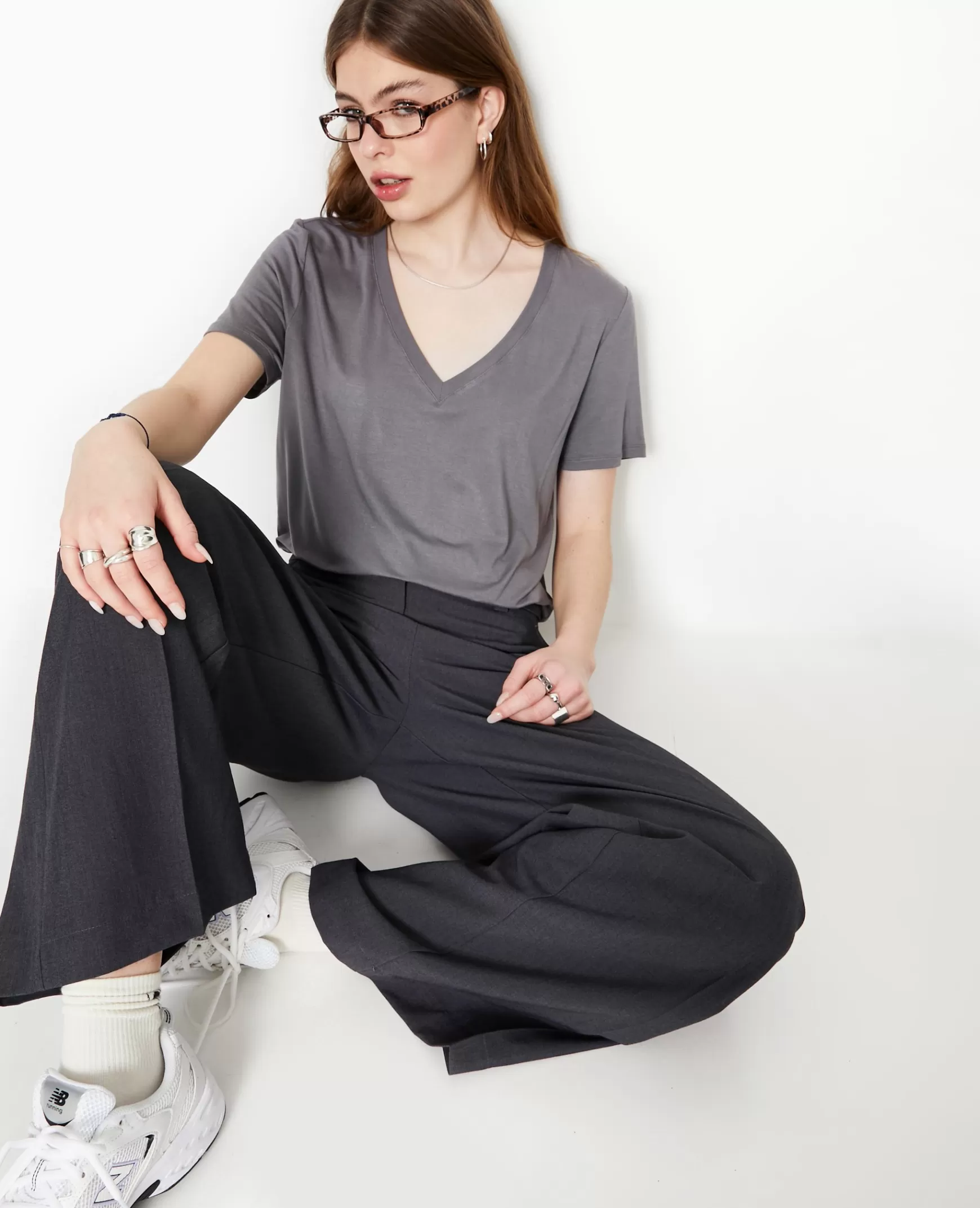 Pimkie T-shirt ample col V avec viscose - Gris fonc Grisfonc Outlet