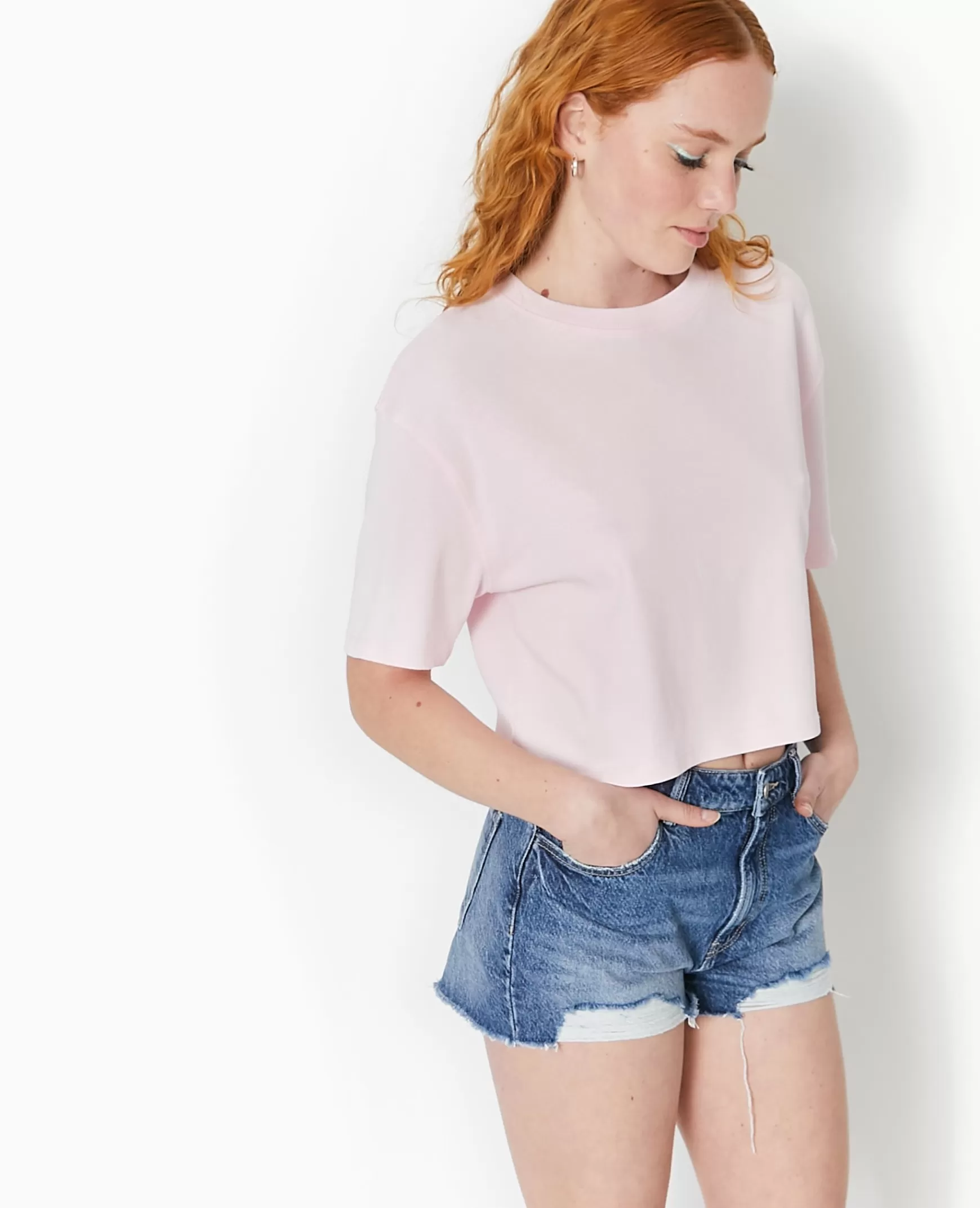 Pimkie T-shirt court en coton pais effet dlav - Rose clair Roseclair Sale